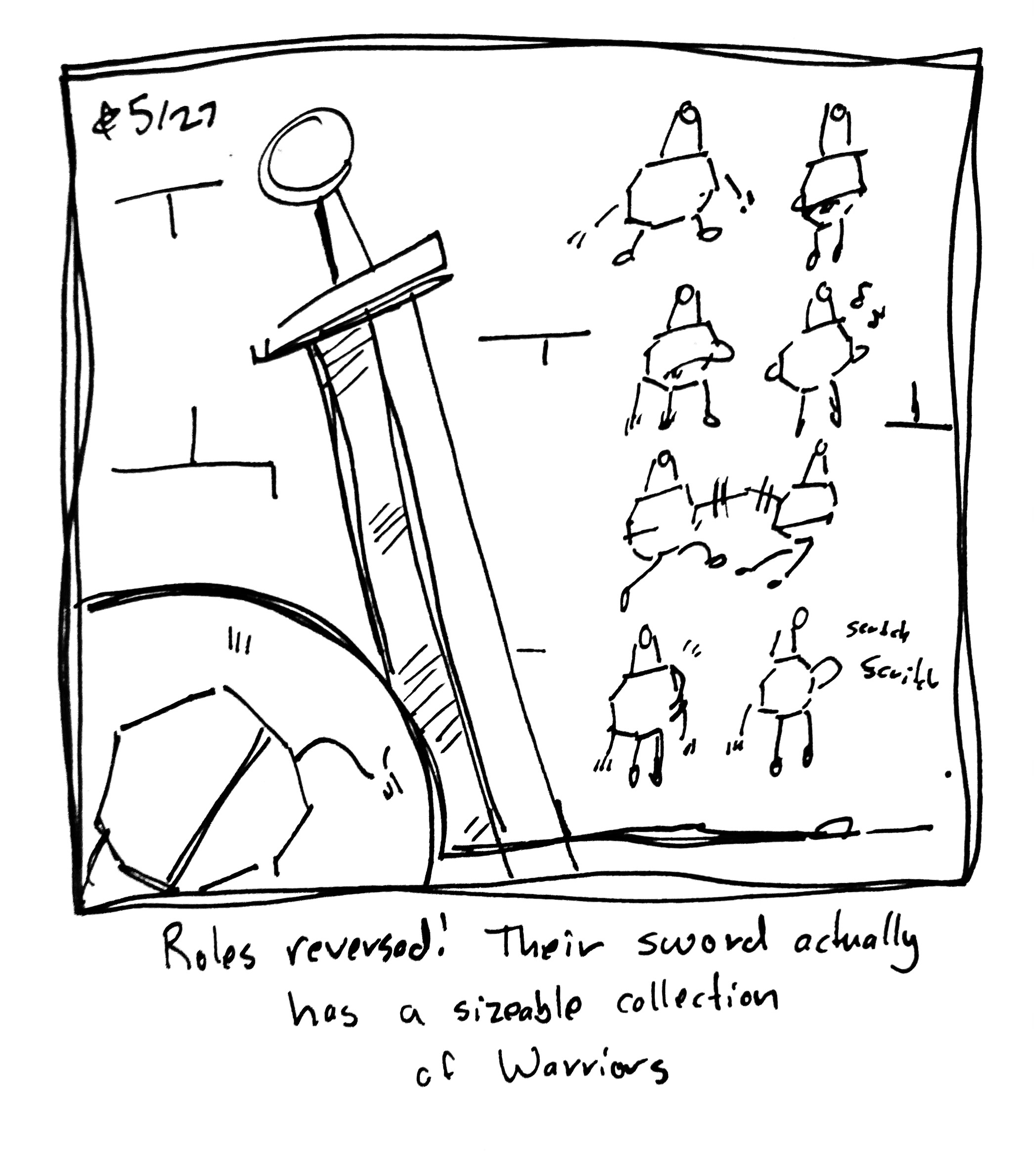 In a mini panel, The Warrior look shocked at their sword, who, in the main panel, is admiring their collection of Warriors. The mini warriors hanging on the wall are up to various shenanigans: fighting with each other, waiting patiently, checking the time, scratching themselves, whistling, etc. The caption reads "roles reversed! Their sword actually has a sizeable collection of Warriors"