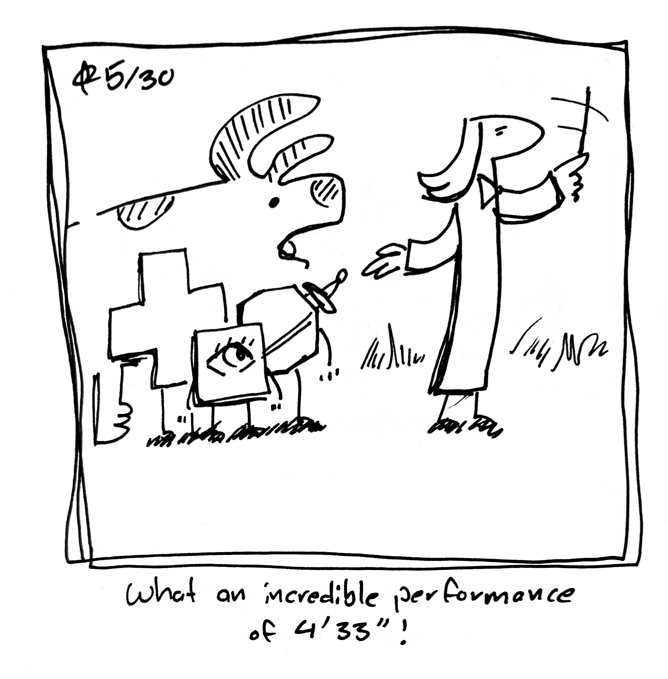 The good dog, the plus guy, the warrior, and the Little Guy look admiringly at the Lydia Táll One; who is conducting. The caption reads "What an incredible performance of 4'33"!"