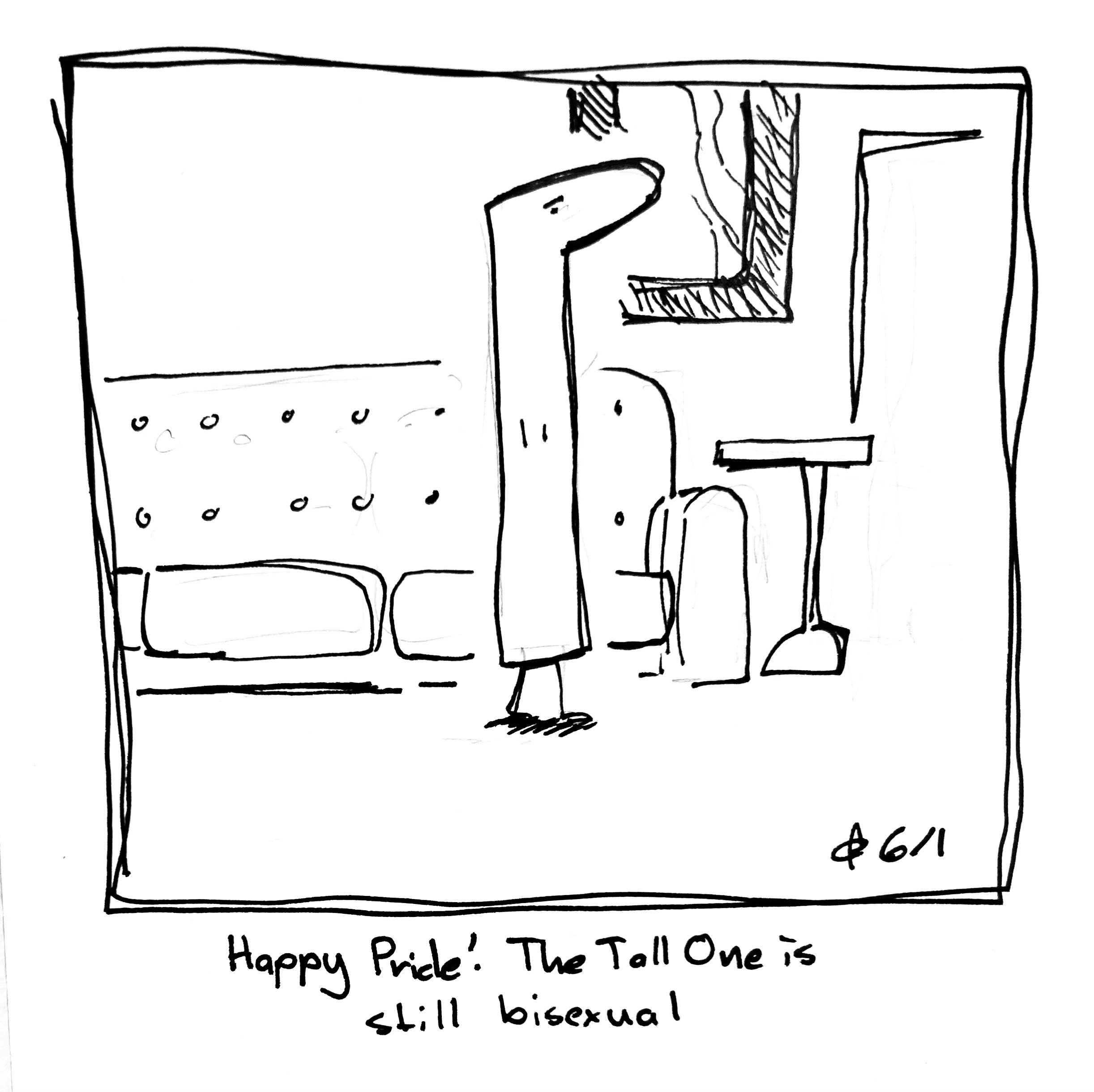 The tall one stands in Tina's apartment. The caption reads "Happy Pride! The Tall One is still bisexual"