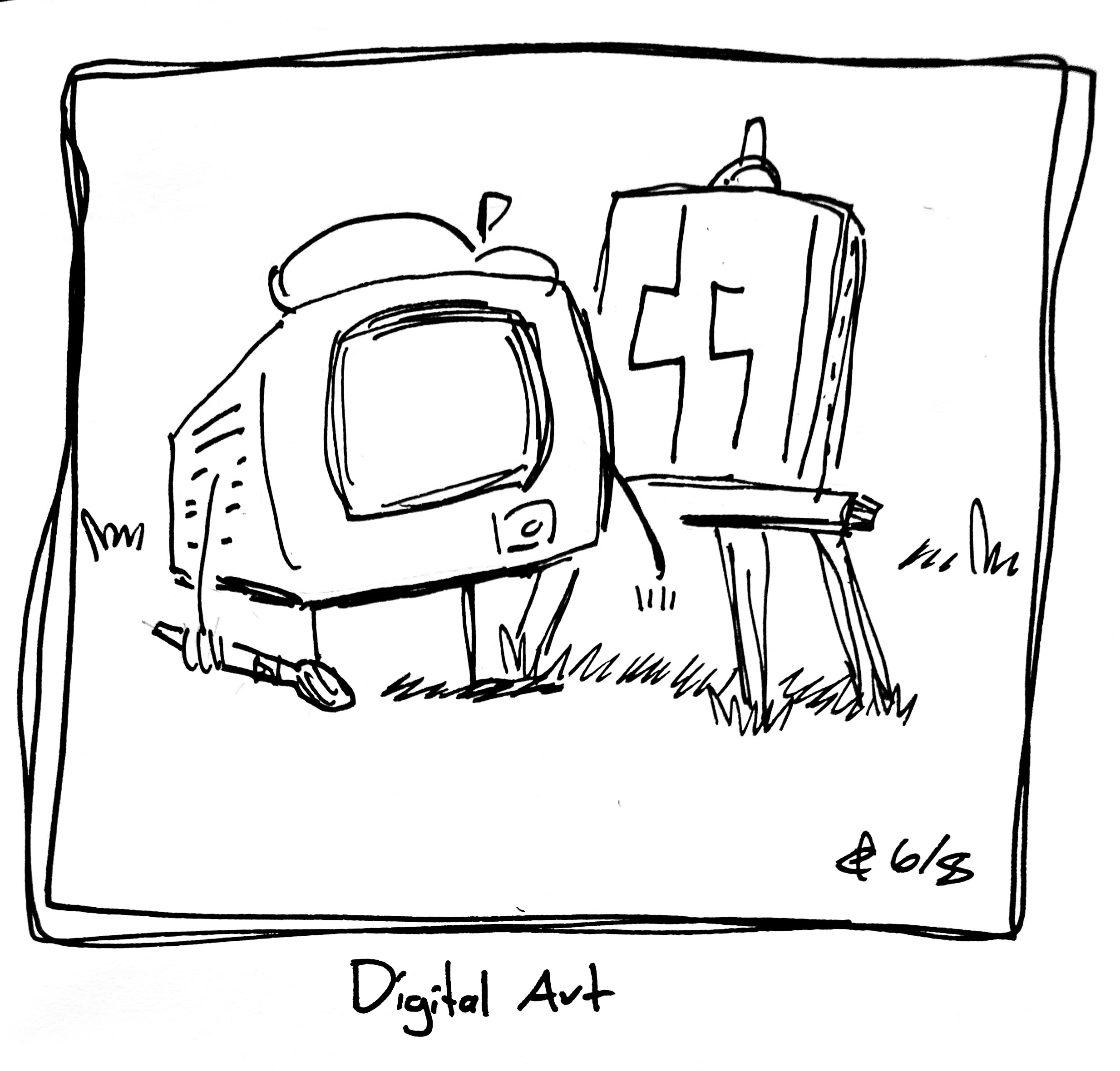 The computer stands next to an easel with a painting of a blocky, pixelated butt. They are holding a paintbrush and wearing a beret. The caption reads "digital art"
