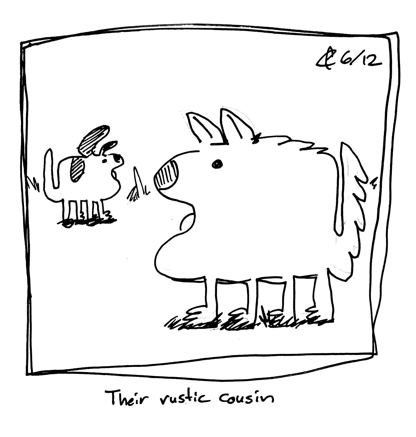 The very good dog looks at their cousin who lives in the woods. They are a wolf that looks like the dog. The caption reads "their rustic cousin"