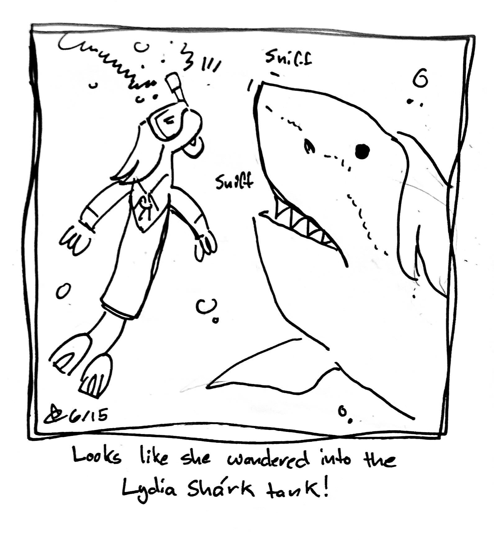 The Lydia Táll One is snorkeling and very surprised to see a shark with her hairstyle. The caption reads "looks like she wandered into to the Lydia Shárk tank!"