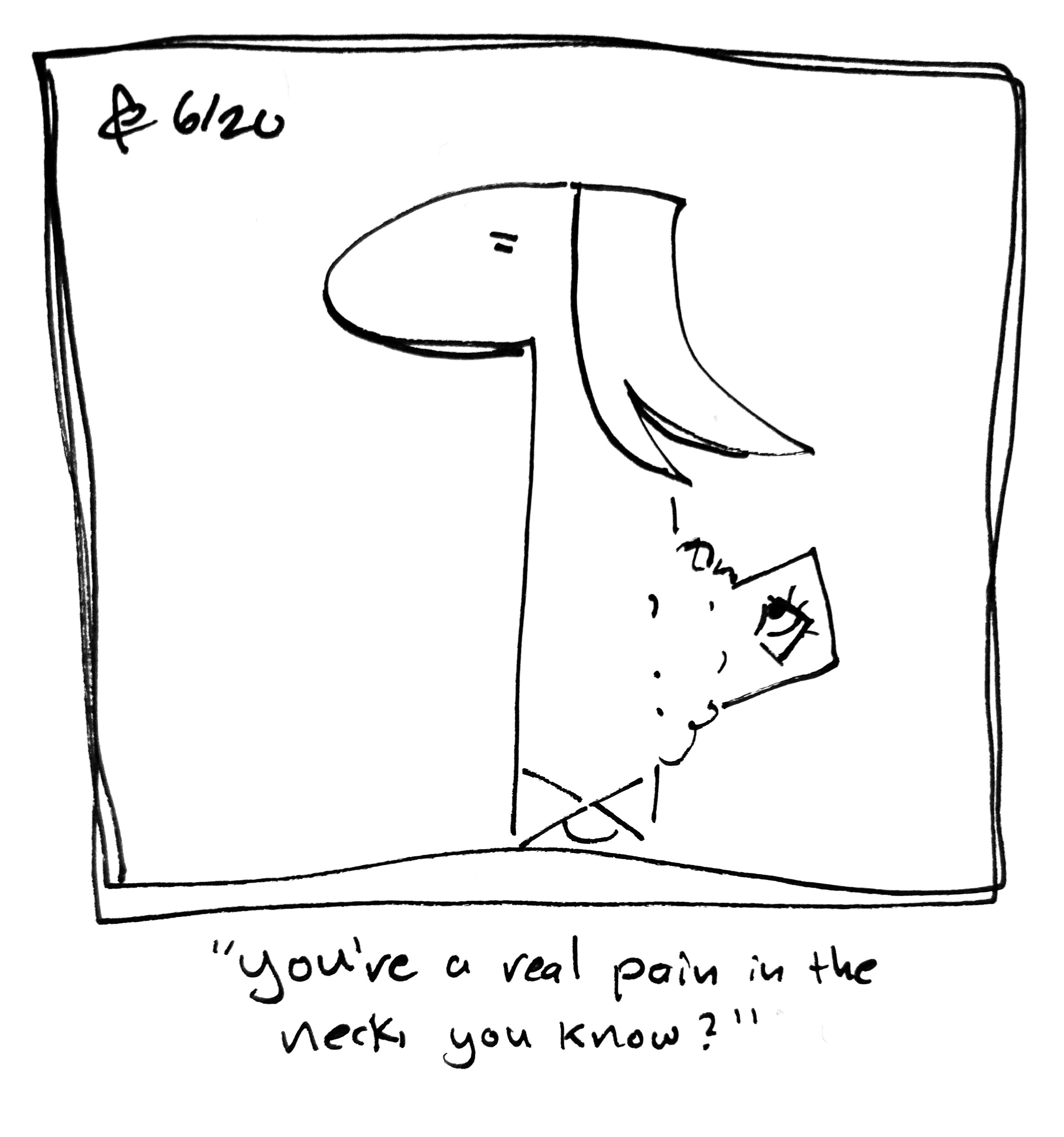 The Little Guy grows out of the Lydia Táll One's neck like a growth. The caption reads "'you're a real pain in the neck, you know?'"
