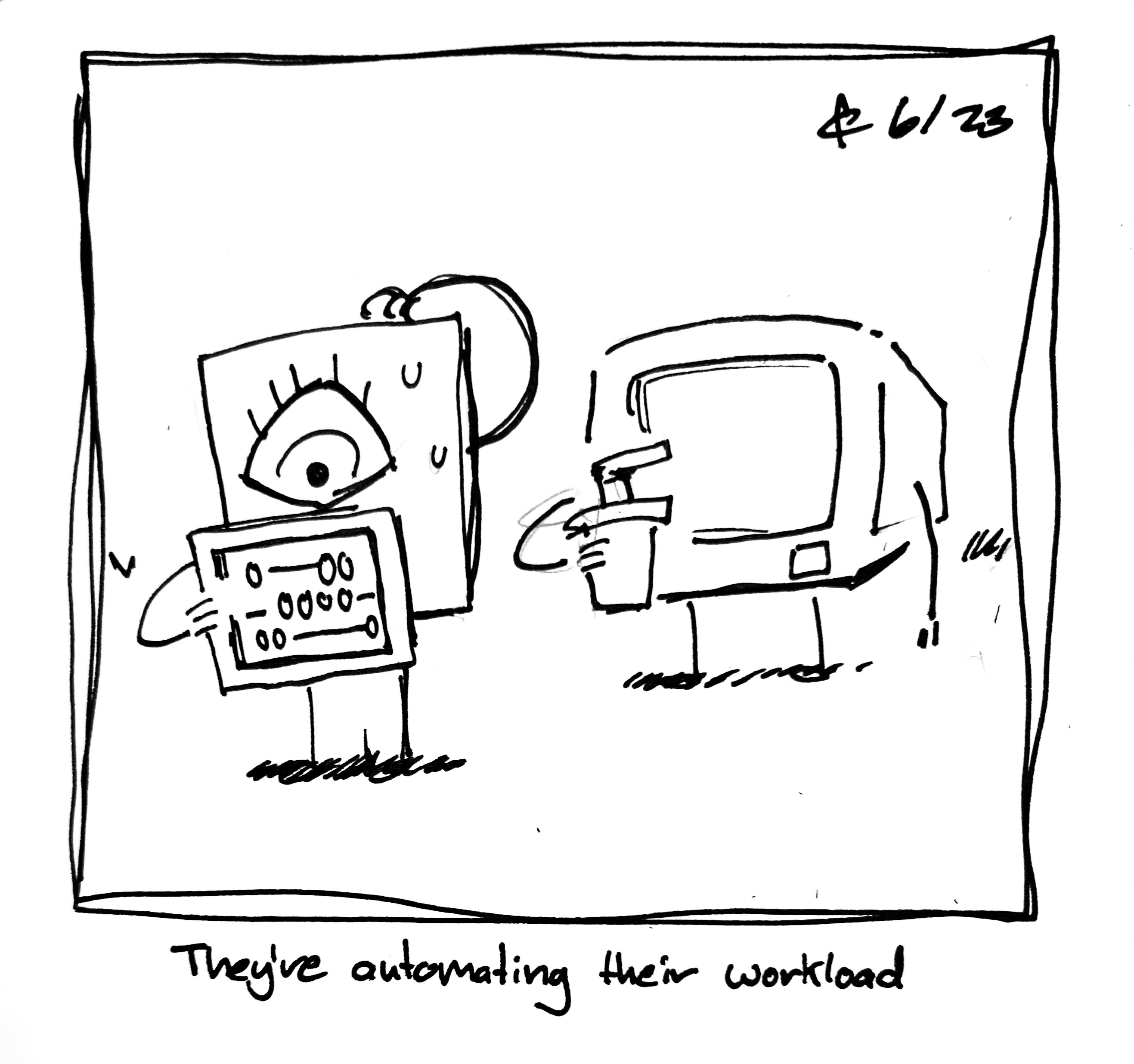 The Little Guy struggles with an abacus as A Computer looks on, holding a fountain soda. The caption reads "they're automating their workload"
