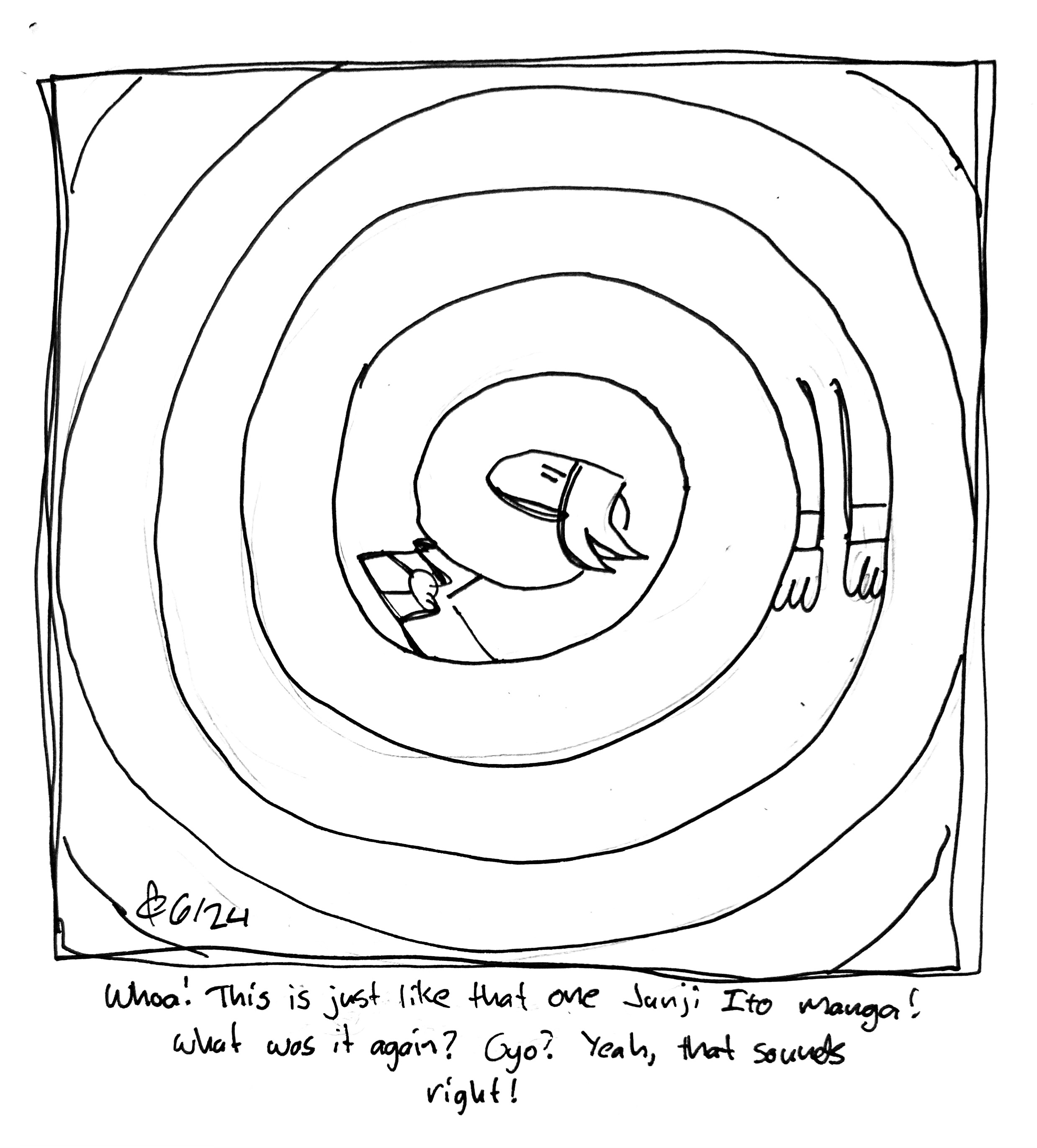 The Lydia Táll One swirls around in a spiral. The caption reads "whoa! This is mist like that one Junji Ito manga. What was it again? Gyo? Yeah, that sounds right!"