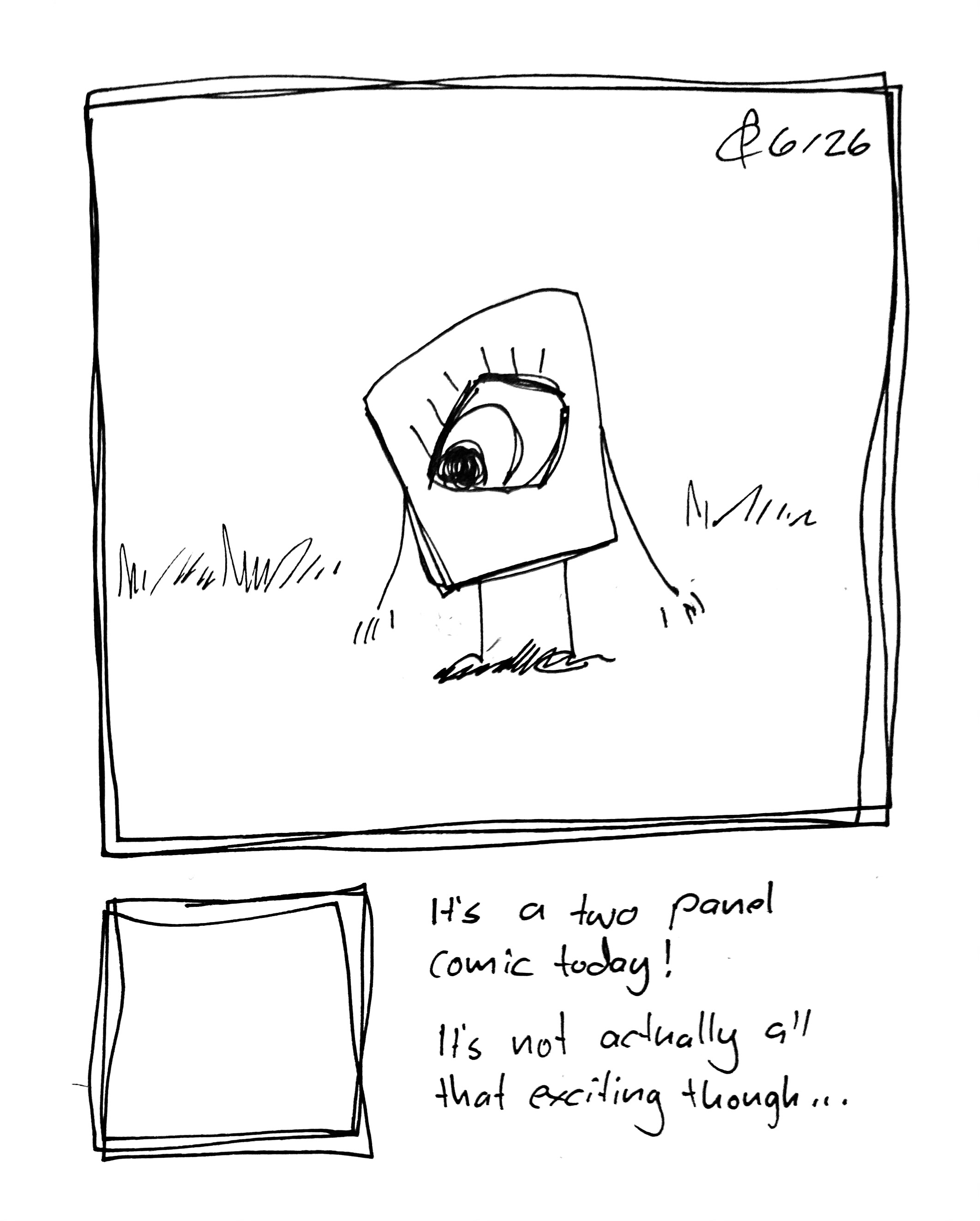 Two panels. A big one on top and a little, empty one on the bottom with a caption next to it. In the top panel, the Little Guy looks down at the small panel below. The caption reads "It's a two panel comic today! It's not actually all that exciting though..."