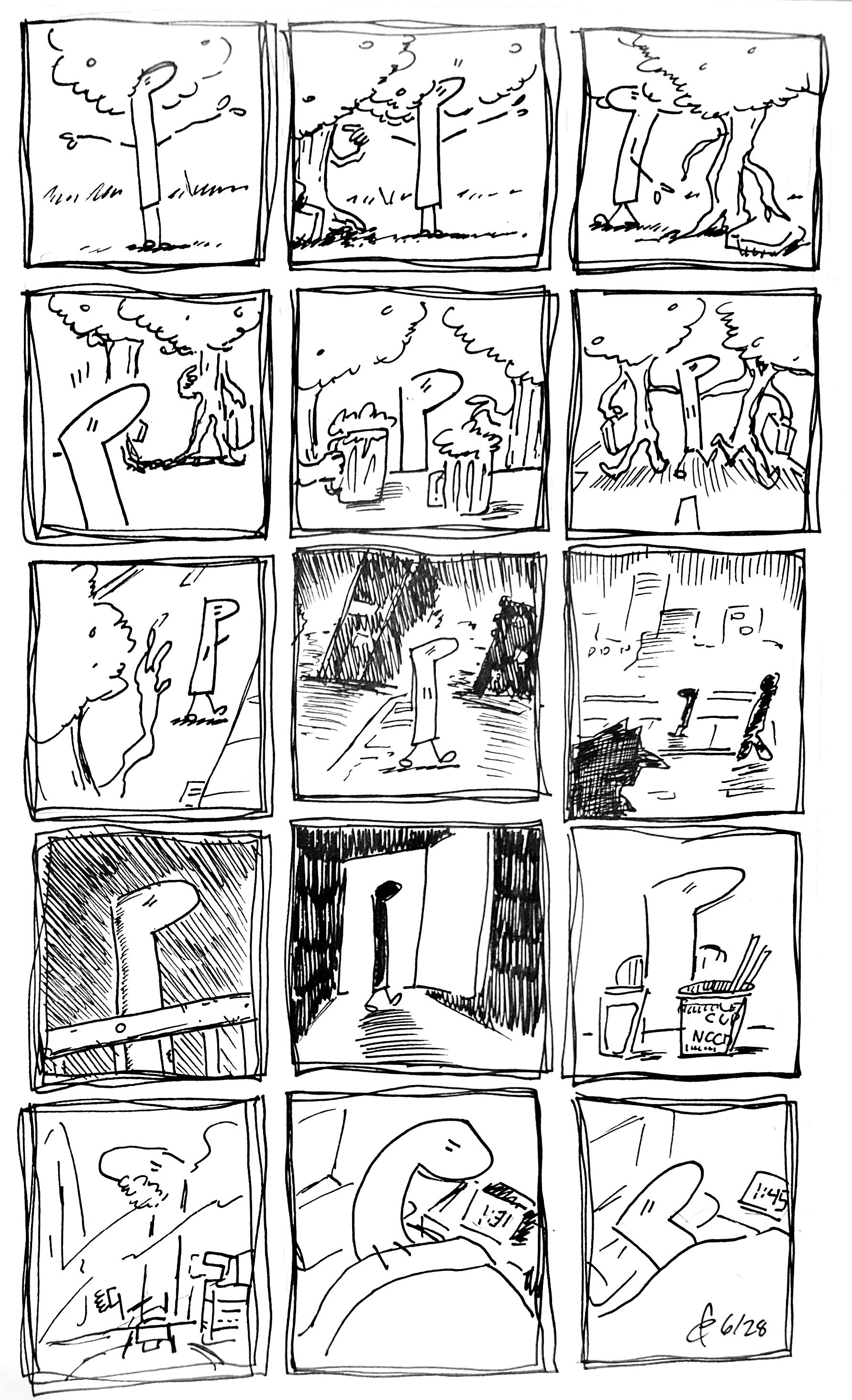 15 panels without dialog

1. The Tall One stands a tree
2. Another tree walks over with a briefcase signaling that they can go
3. The Tall One walks away as the tree gets in position and puts down their briefcase
4. Two trees wave down the Tall One signaling to hang out
5. They all sit in a bar drinking beer
6. They walk drunkenly, arms around each other
7. The trees wave the tall one goodbye
8. The Tall One walks alone through the city
9. They walk along a bridge
10. They stare wistfully out at the cityscape
11. They arrive back a a dark apartment
12. They sit at the table drinking water and eating cup noodles
13. The brush their teeth. We see their reflection in the mirror
14. They tuck themselves into bed at 1:31
15. They lie in bed, possibly still awake, at 1:45