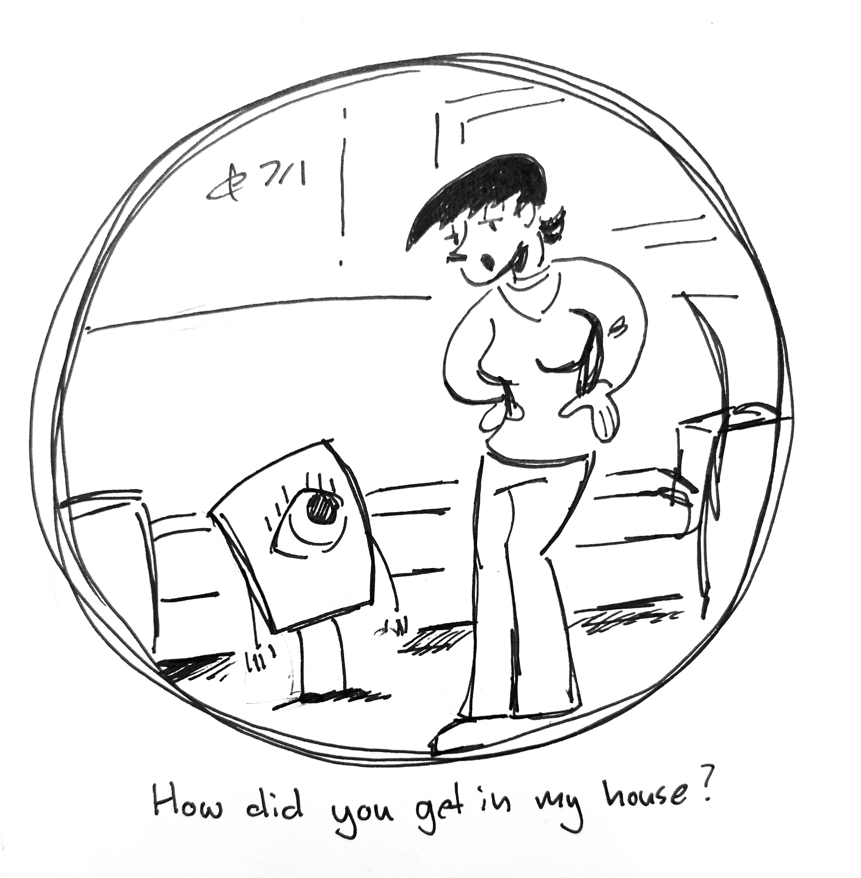In a round panel, The Little Guy looks up at the mom from Family Circus, who looks tired. She says in the caption underneath "How did you get in my house?"