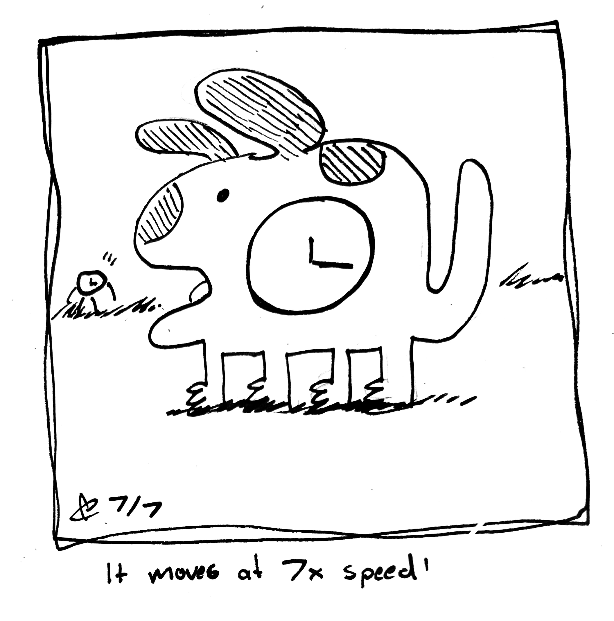 Time stares in shock at the Good Dog who has a clock embedded in it. The caption reads "It moves at 7x speed"