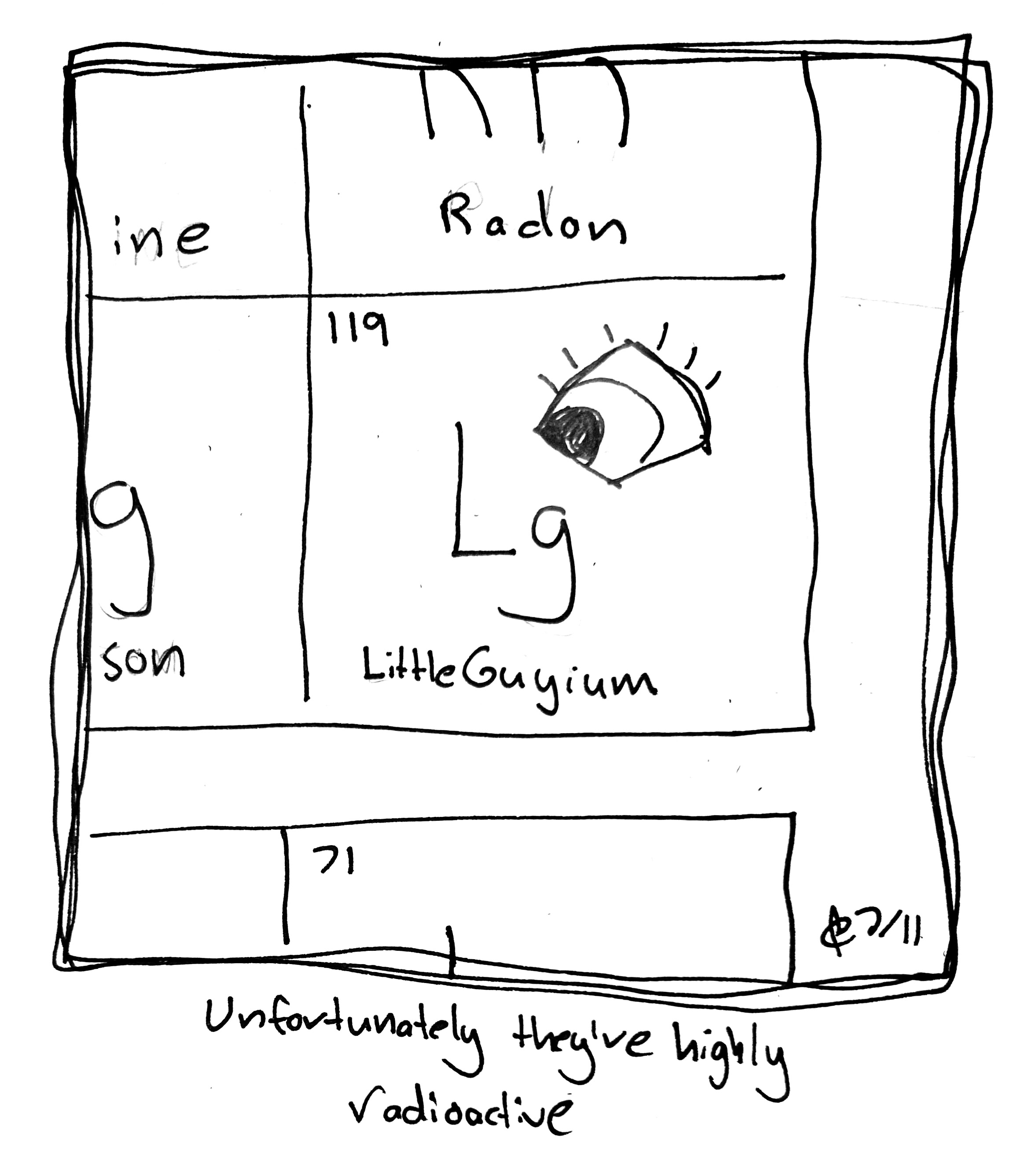 We focus on an item on the periodic table, Little Guyium (Lg) atomic weight 119. Their eye is in the cell. The caption reads "Unfortunately they're highly radioactive"