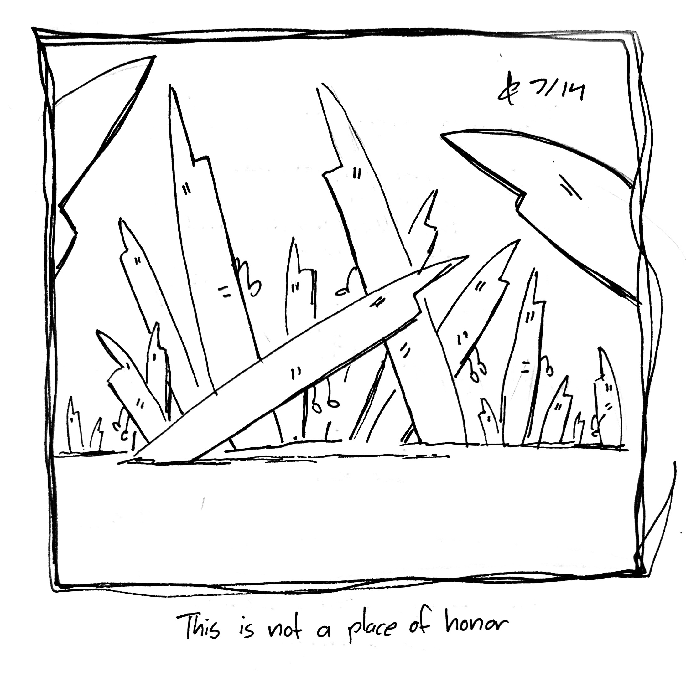 A field of Wide Ones arranged as scattered spikes, like one of the proposed designs for long-term nuclear waste disposal sites. The caption reads "This is not a place of honor"