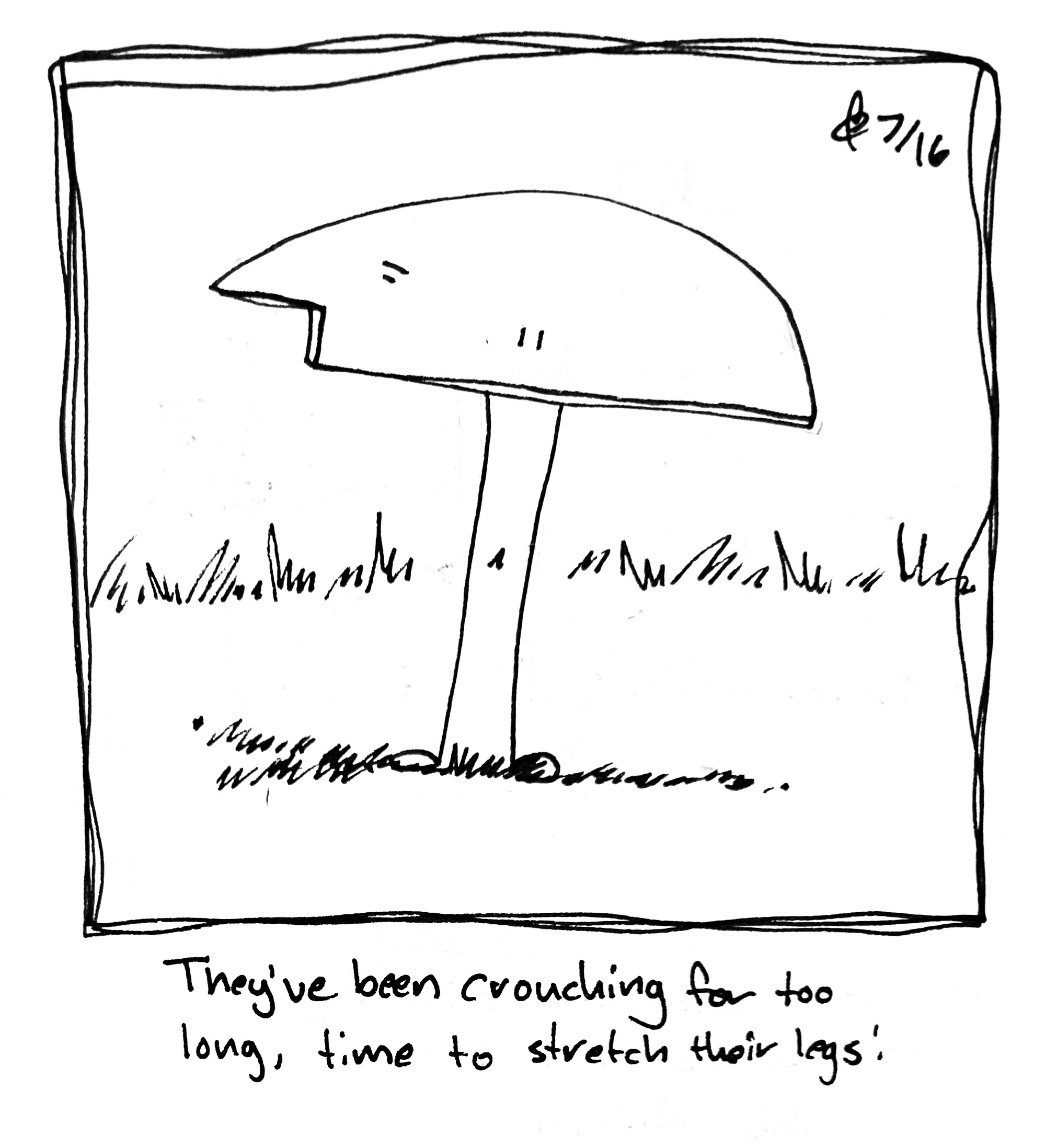 The Wide One stands up on long legs. The caption reads "they've been crouching for too long, time to stretch their legs!"