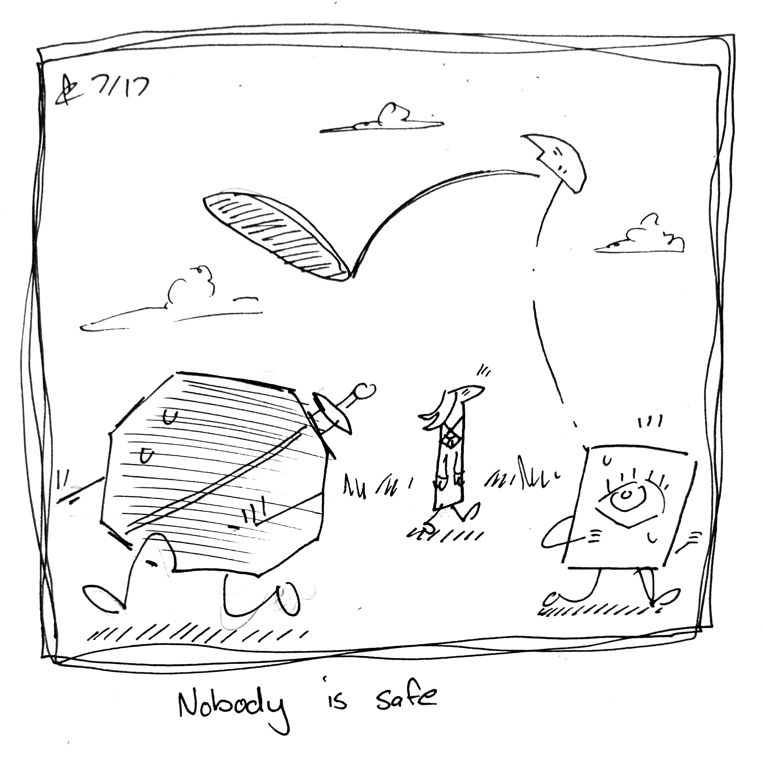 The Wide One with long legs towers on the horizon. Their back leg fades into the distance whole their front leg appears massive. The Warrior, the Lydia Táll One, and the Little Guy try to run out of the way. The caption reads "Nobody is safe."