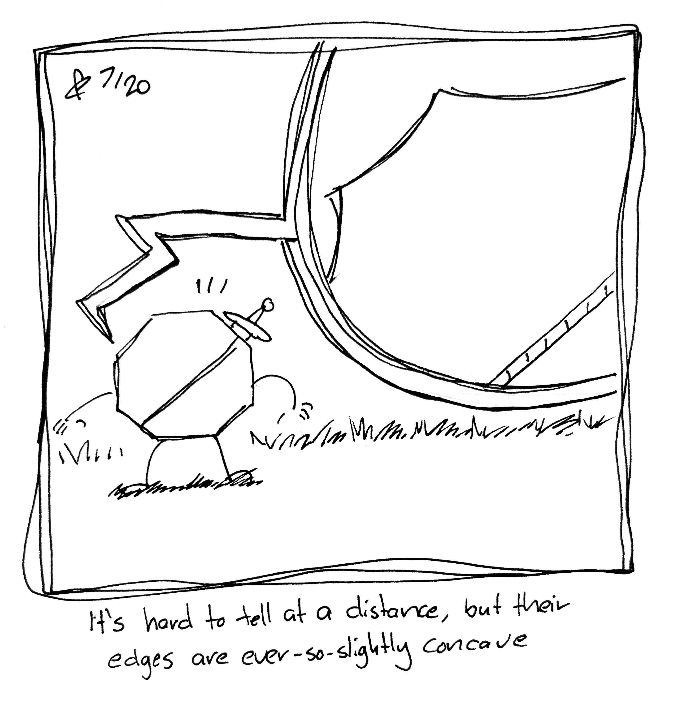 The Warrior looks surprised as a secondary panel zooms in on their edges, showing them to be slightly rounded inward. The caption reads "It's hard to tell at a distance, but their edges are ever-so-slightly concave"