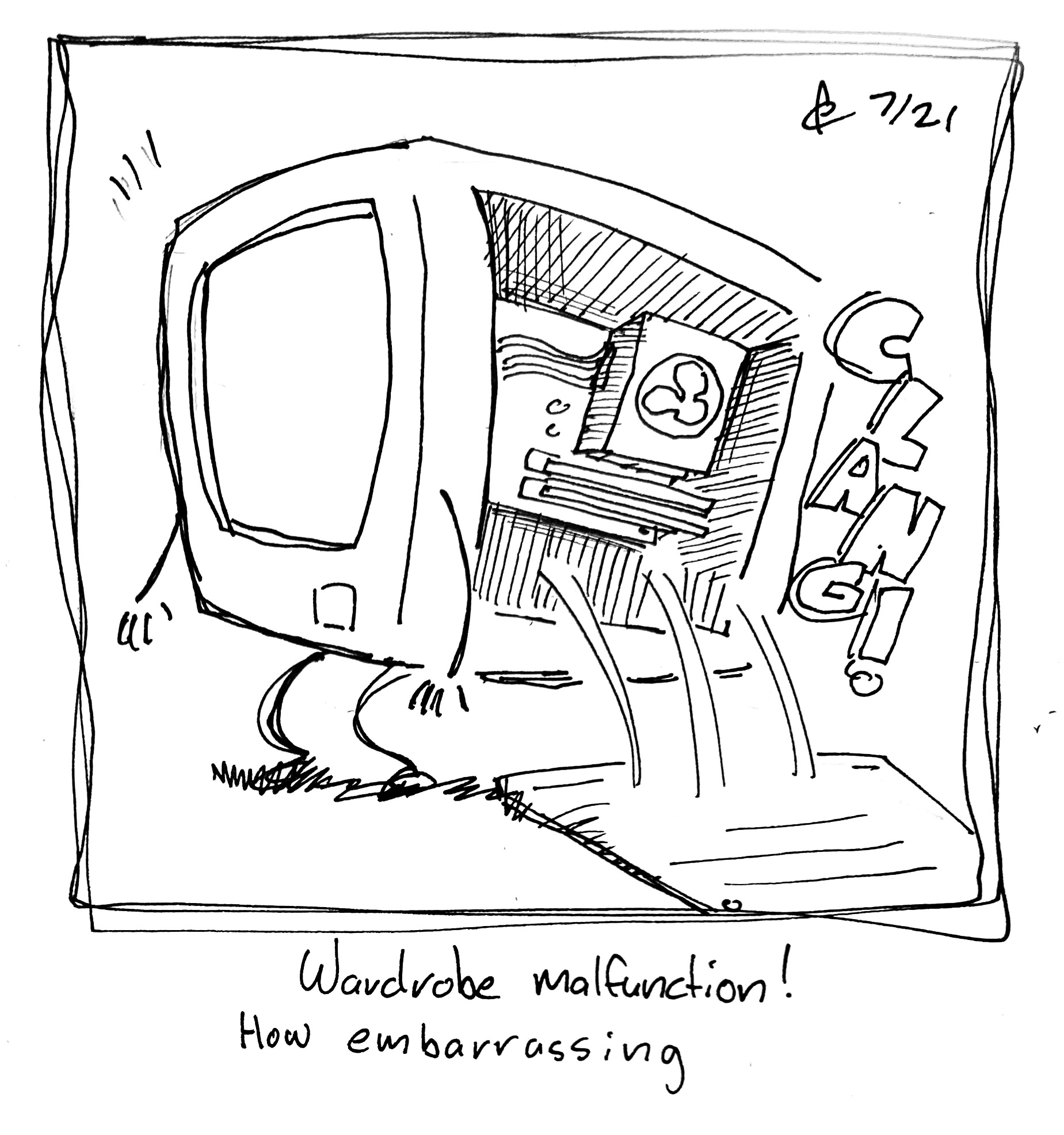 The side of A Computer falls off, showing the motherboard, fan, and RAM. The caption reads "Wardrobe malfunction! How embarrassing"