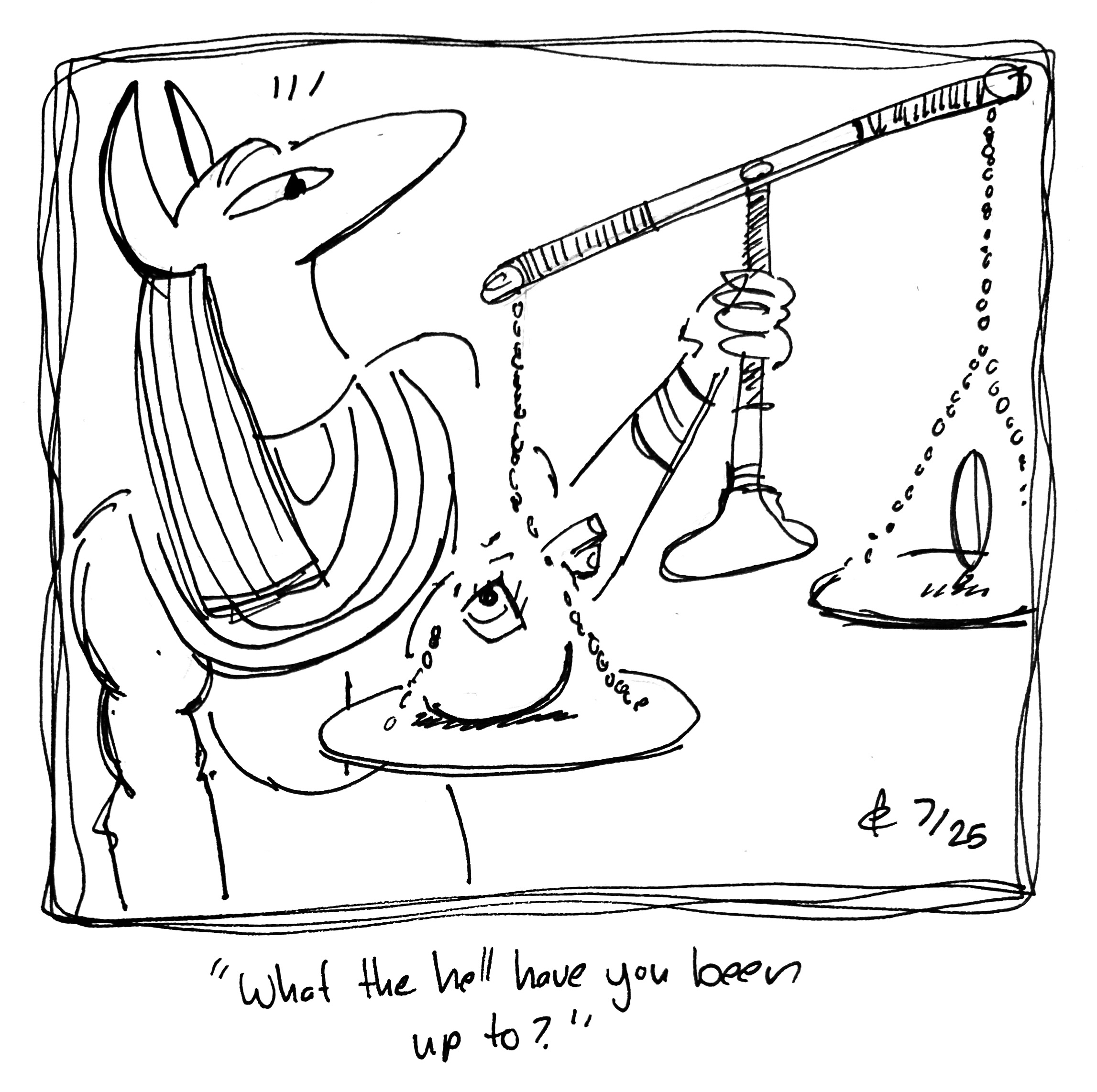 Anubis weighs the heart of the Little Guy against a feather and is surprised to see that it's way heavier. The caption reads "What the hell have you been up to?"