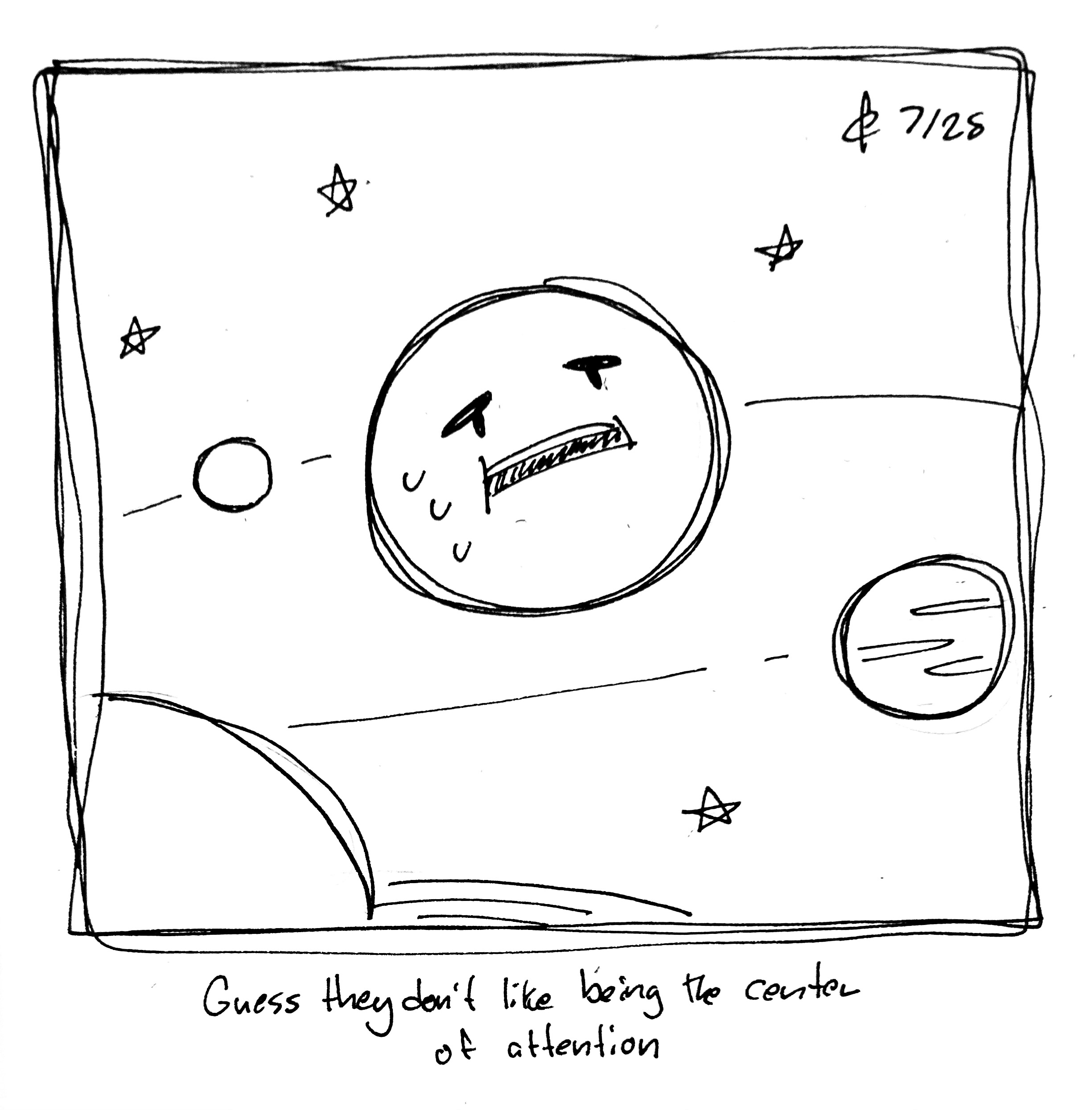 The uncomfortable guy sits at the center of the solar system with planets orbiting around them. The caption reads "Guess they don't like being the center of attention"