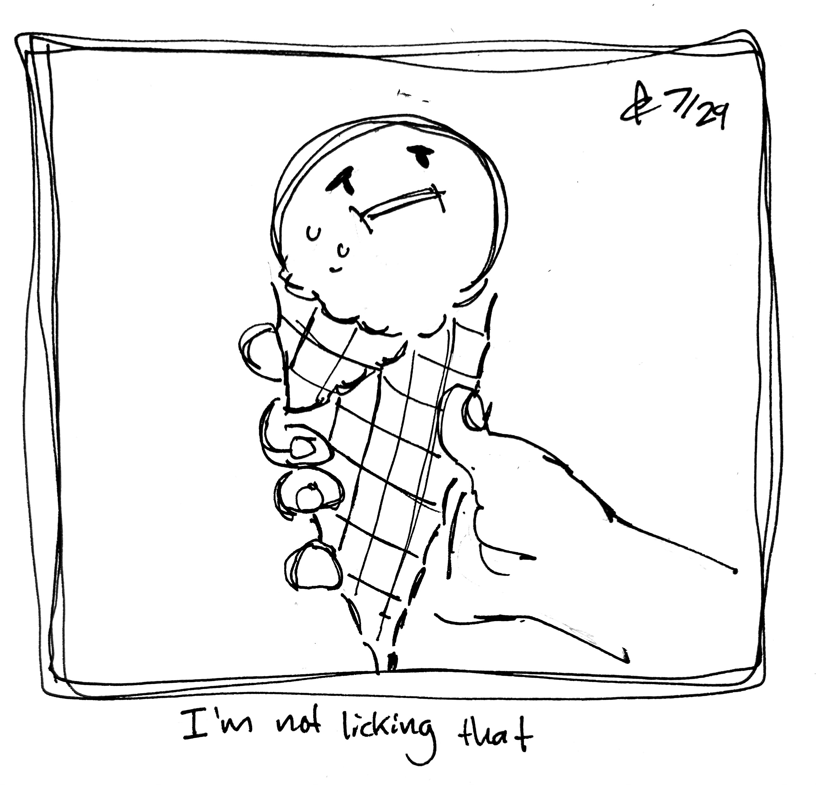 A person holds a waffle cone with the Uncomfortable Round Guy in it. The caption reads "I'm not licking that"
