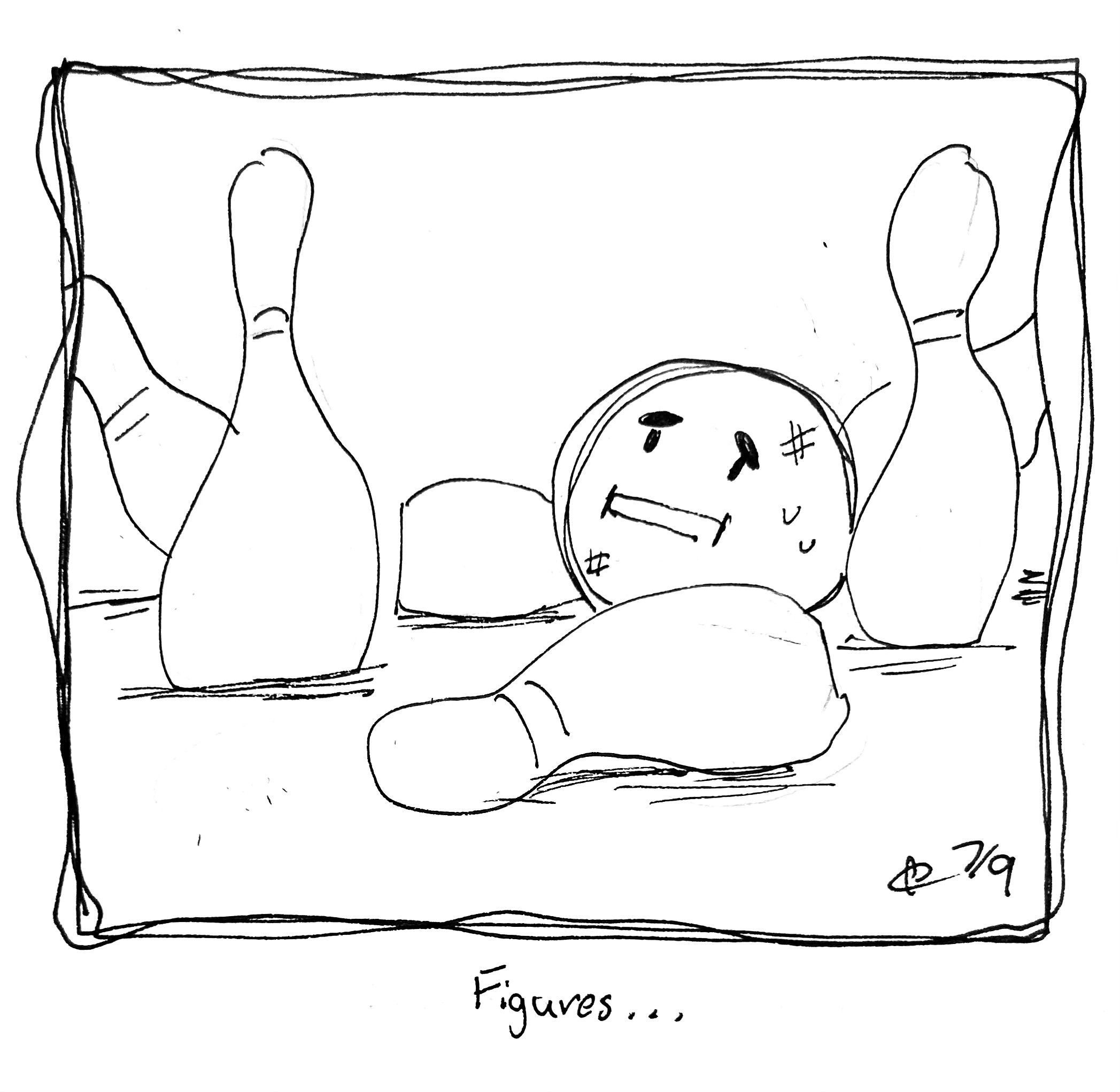 The uncomfortable round guy stands bruised amongst a bunch if bowling pins. Two remain in a split. The caption reads "figures..."
