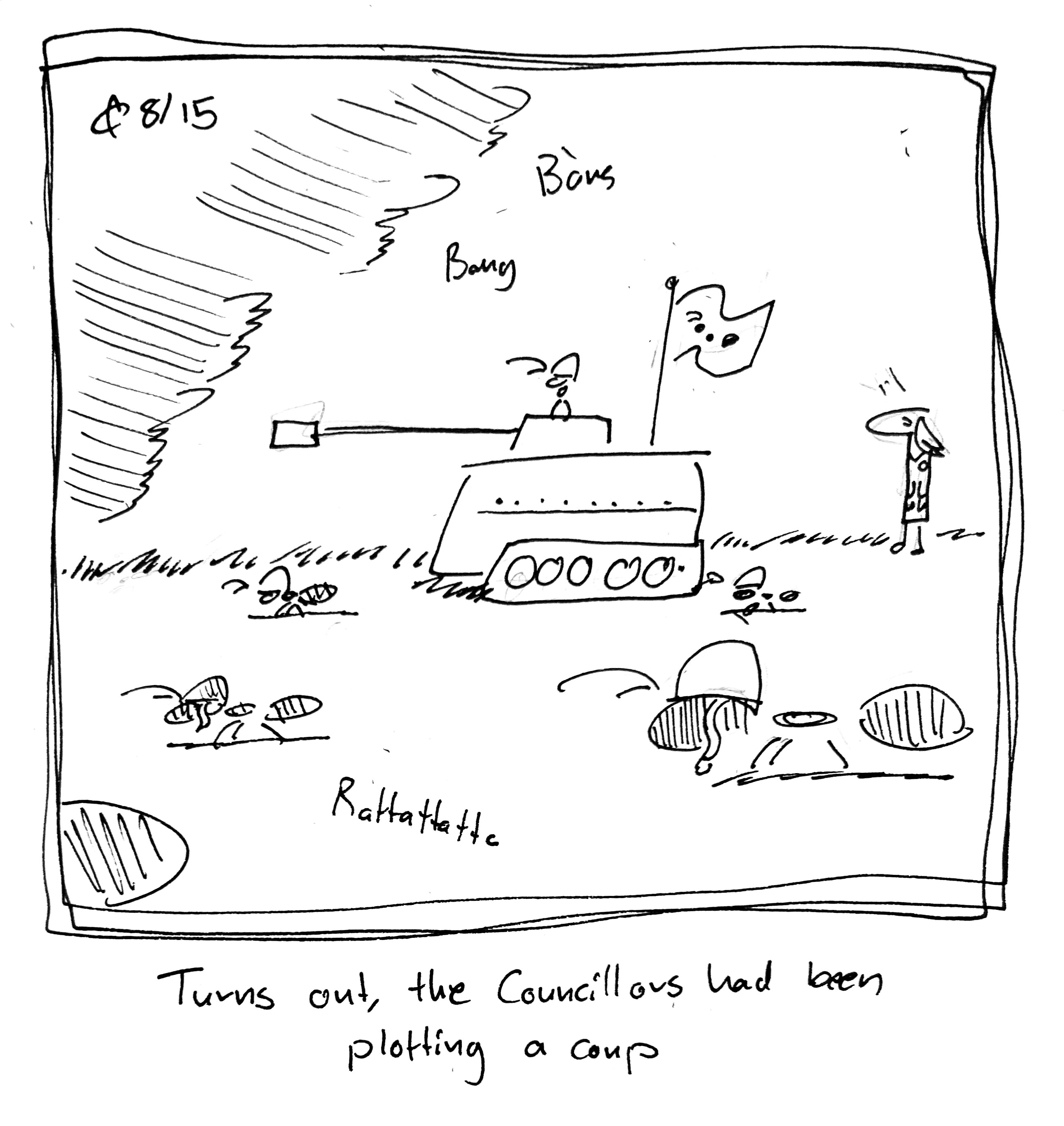An army of ants charges ahead as the Lydia Táll One looks on in shock. The caption reads "Turns out, the Councillors had been plotting a coup"