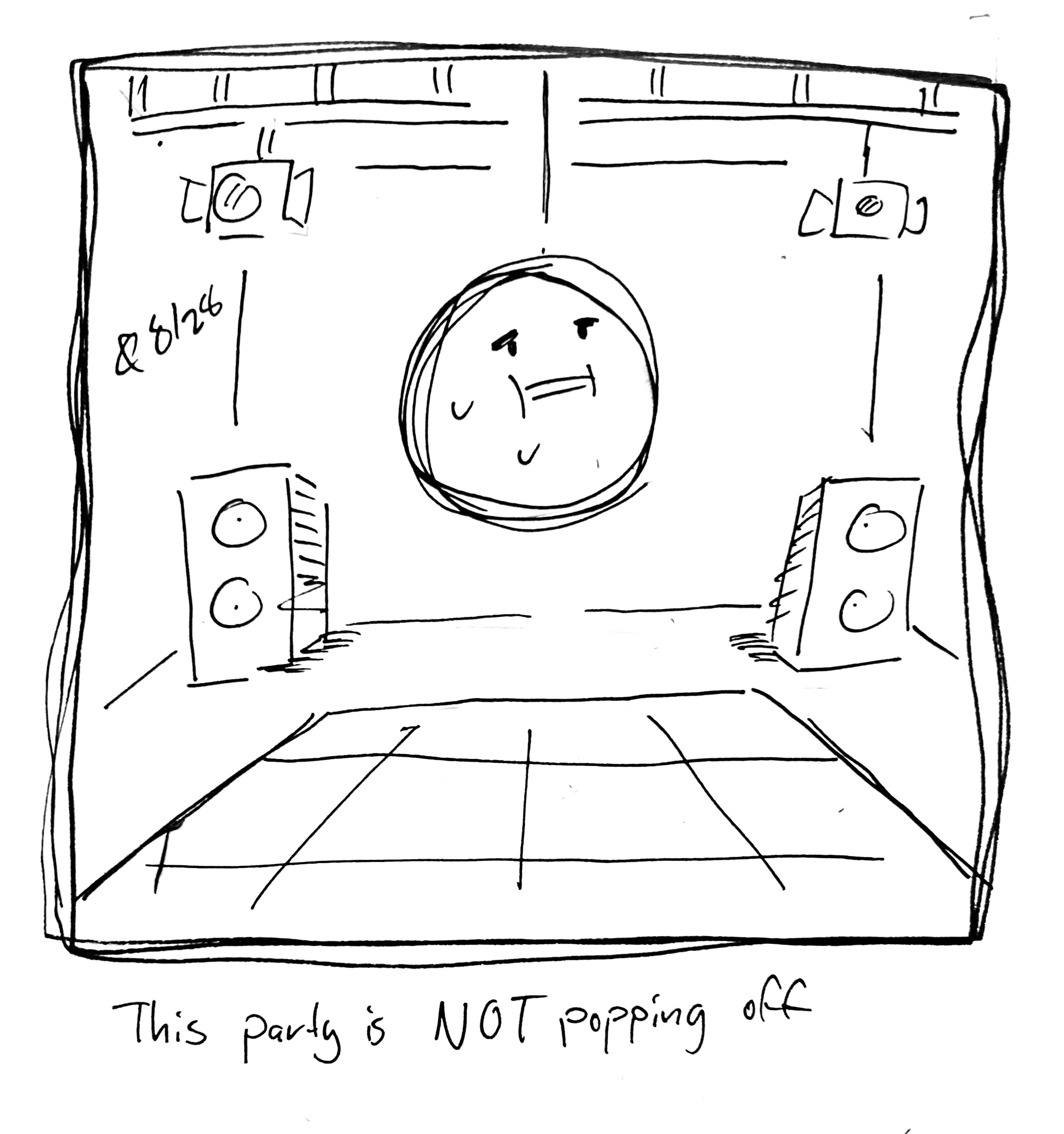The Uncomfortable Round Guy hangs above a discotheque like a disco ball. The caption reads "This party is NOT popping off"