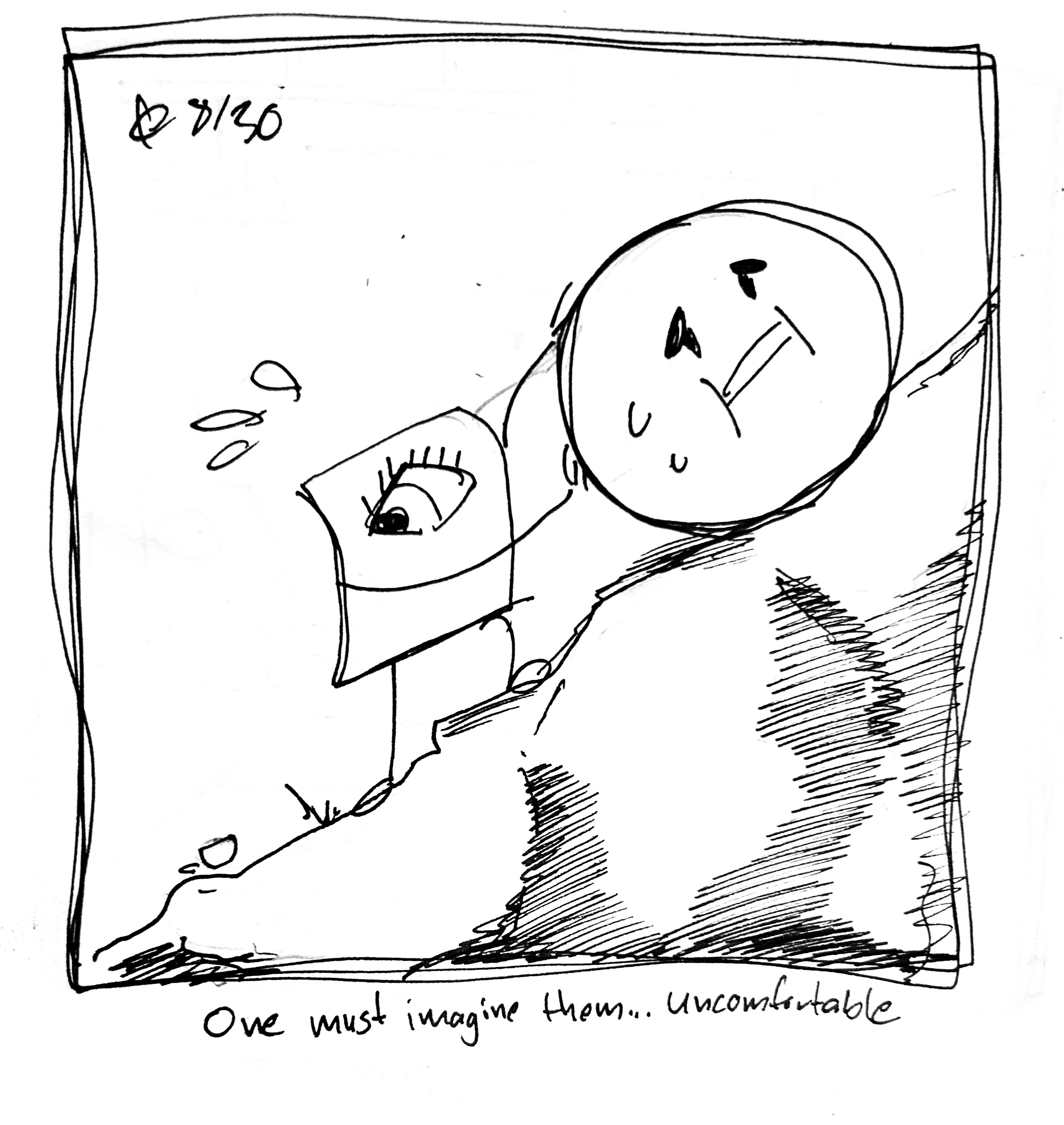 The little guy pushes the uncomfortable round guy up a mountain like sisyphus. They look down nervously. The caption reads "one must imagine them...uncomfortable"