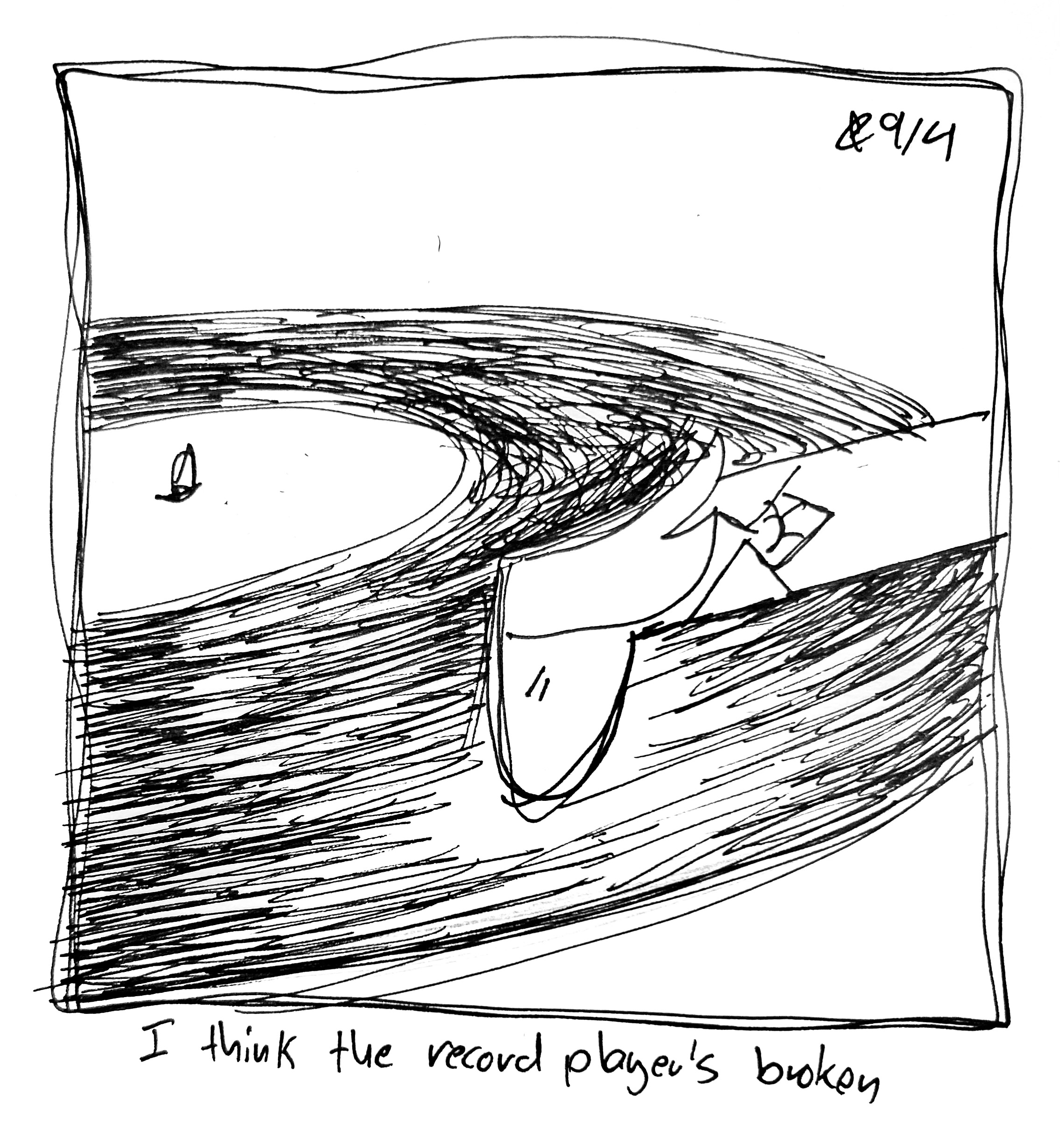 The Lydia Táll One is being used as a record player needle. The caption reads "I think the record player's broken"