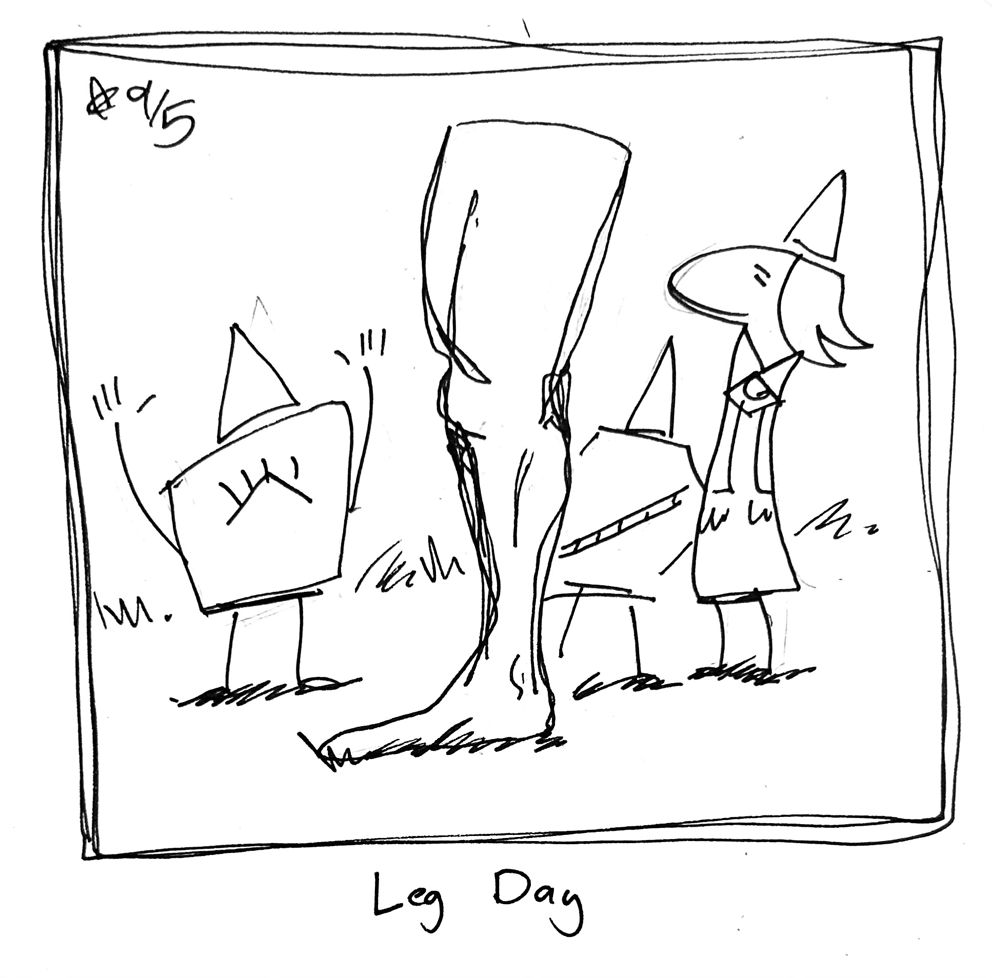 The Little Guy, The Warrior, and the Lydia Táll One all wear party hats and celebrate around a leg. The caption reads "Leg Day"