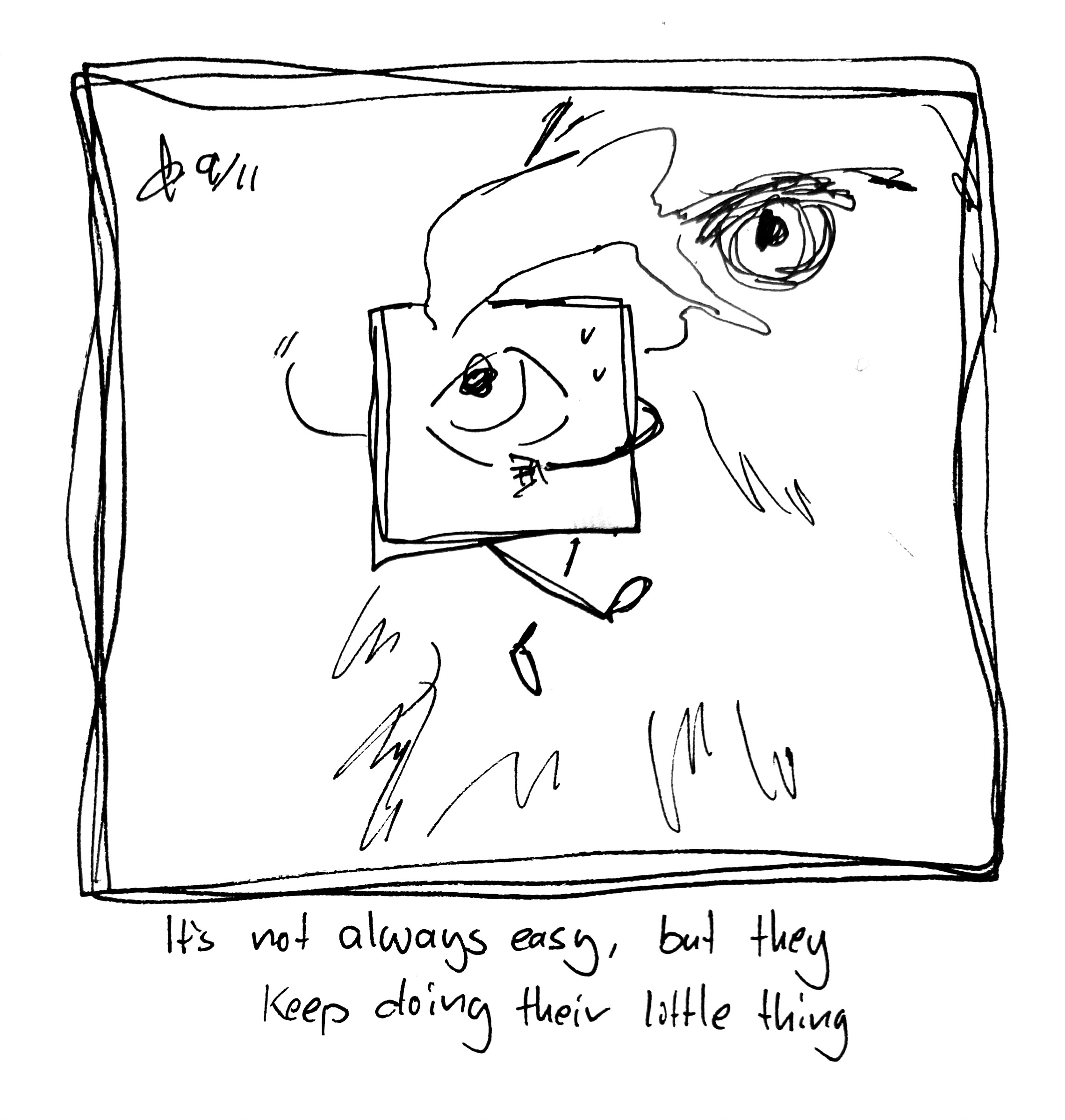 The Little Guy nervously does a little dance while getting eaten by an eagle. The caption reads "It's not always easy, but they keep doing their little thing"