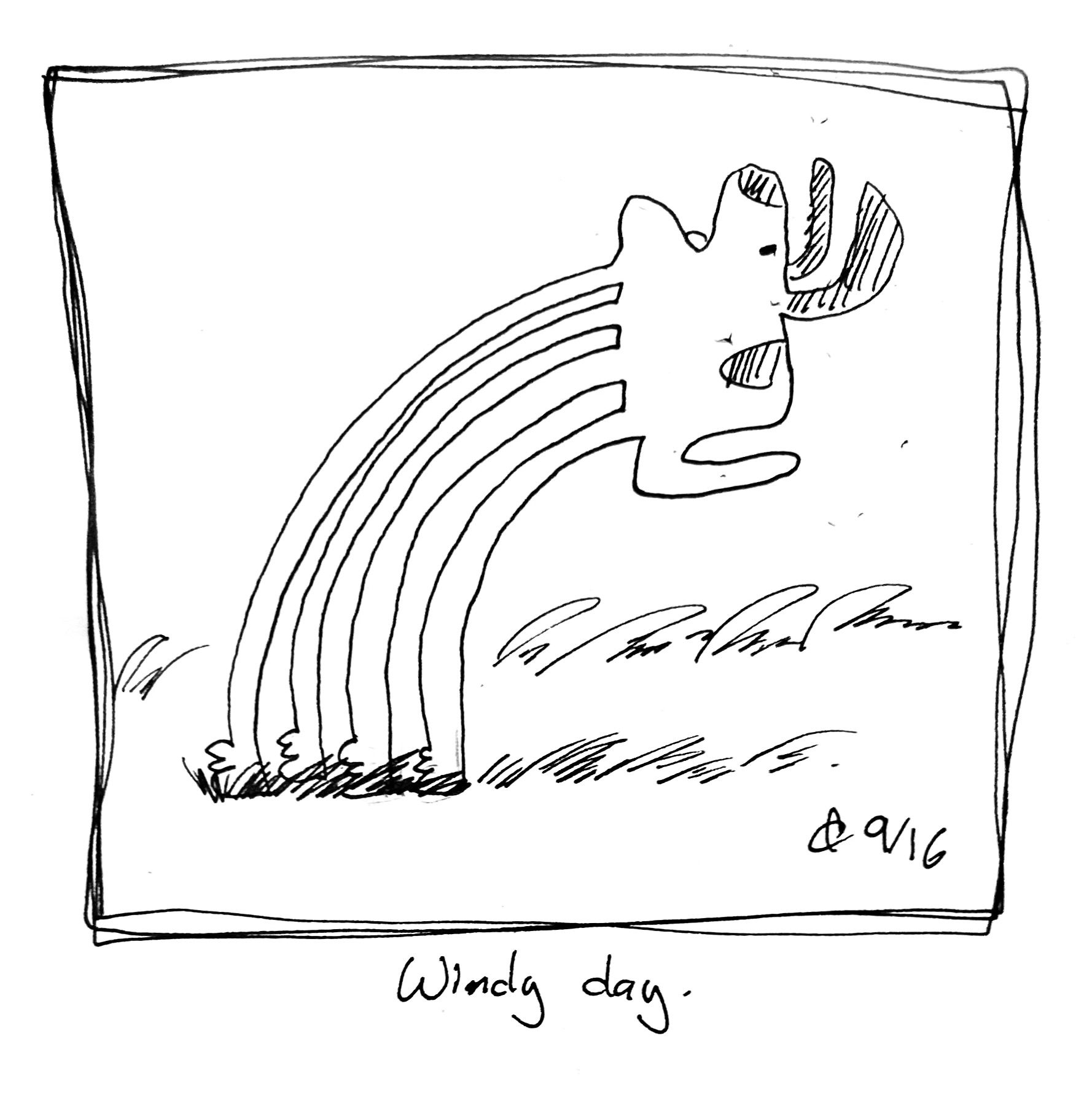 The good dog sways in the wind. Their legs are stretched much longer than usual. The caption reads "windy day"