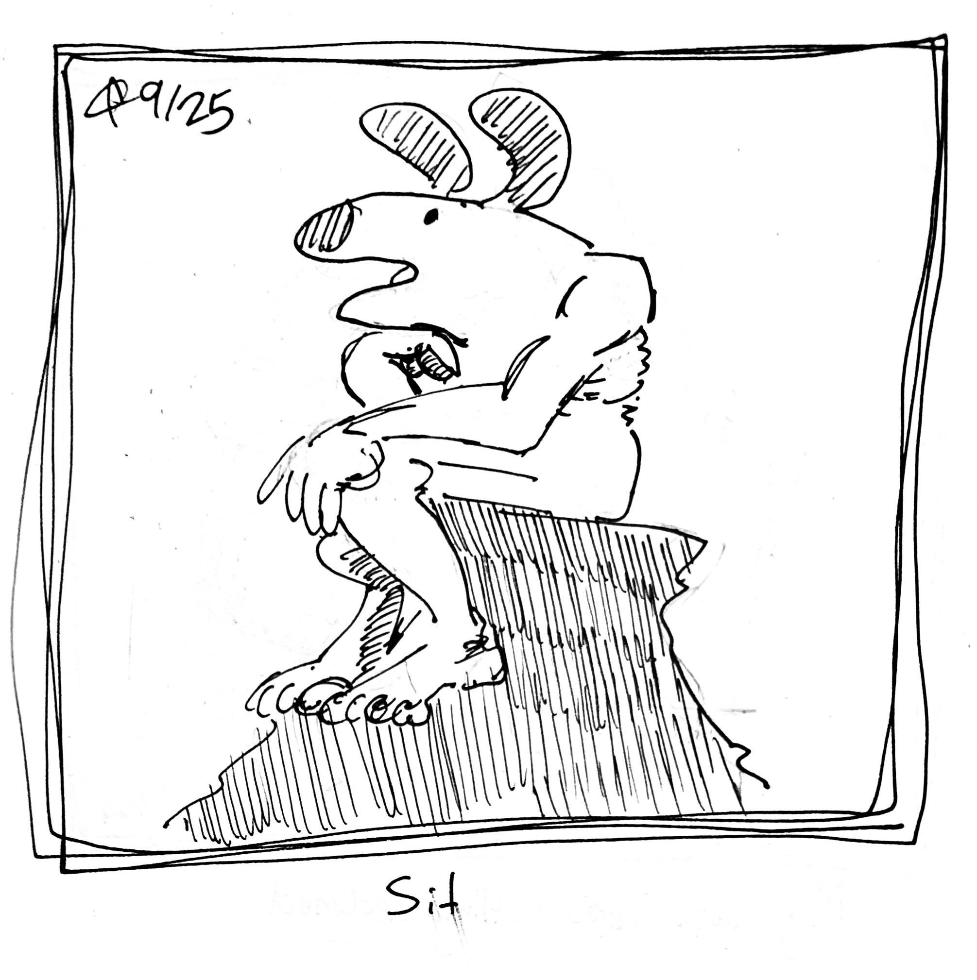 The Thinker statue, but its head is the Good Dog. The caption reads "sit"