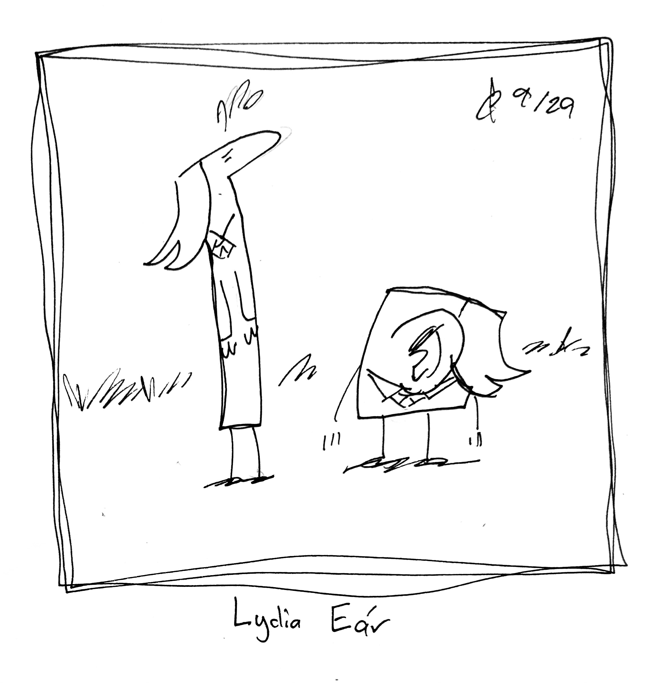 The Ear Cousin is dressed like the Lydia Táll One. The Lydia Táll One looks worried. The caption reads "Lydia Eár"