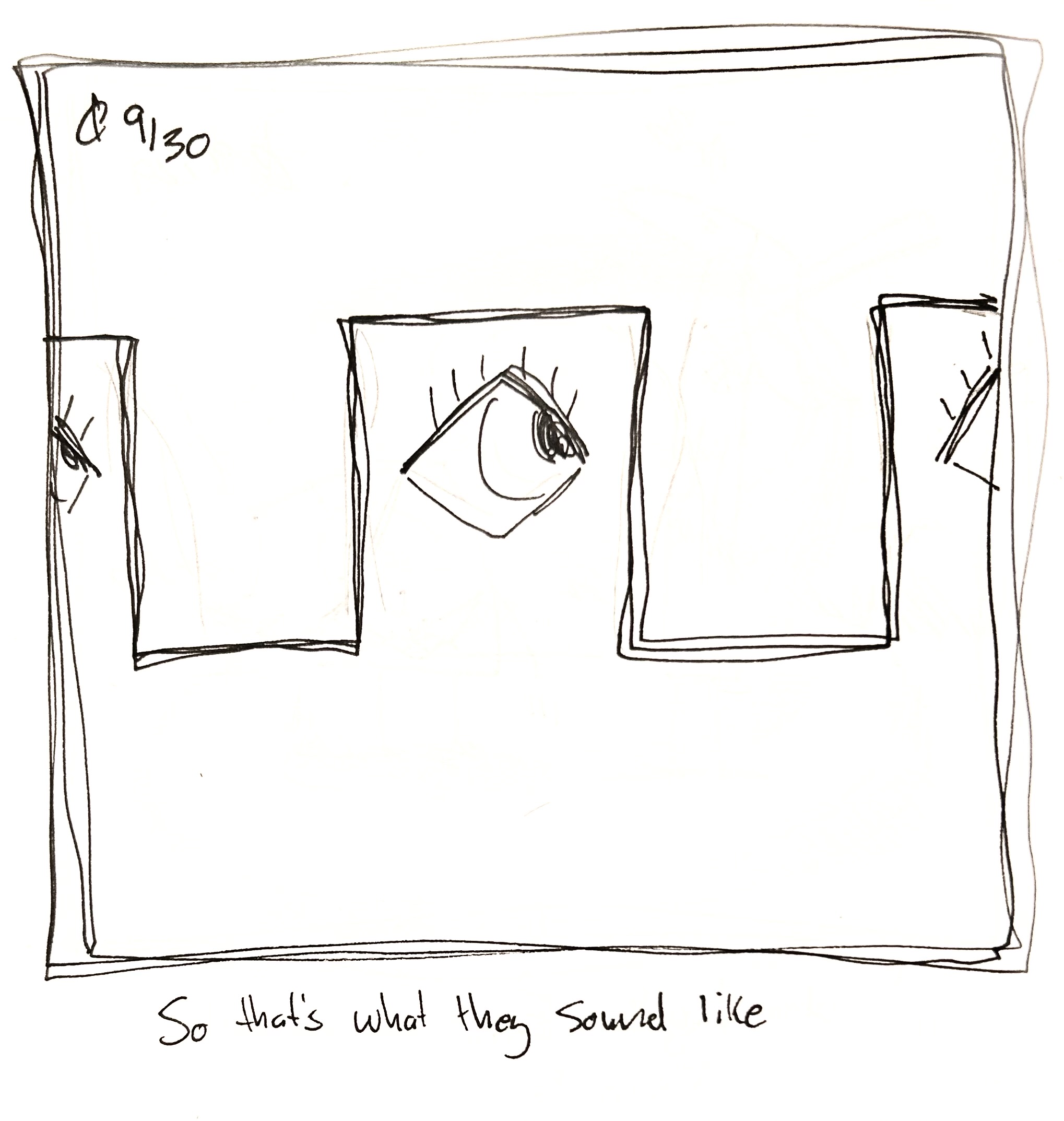 The Little Guy's eye appears in a series of square waves. The caption reads "so that's what they sound like"