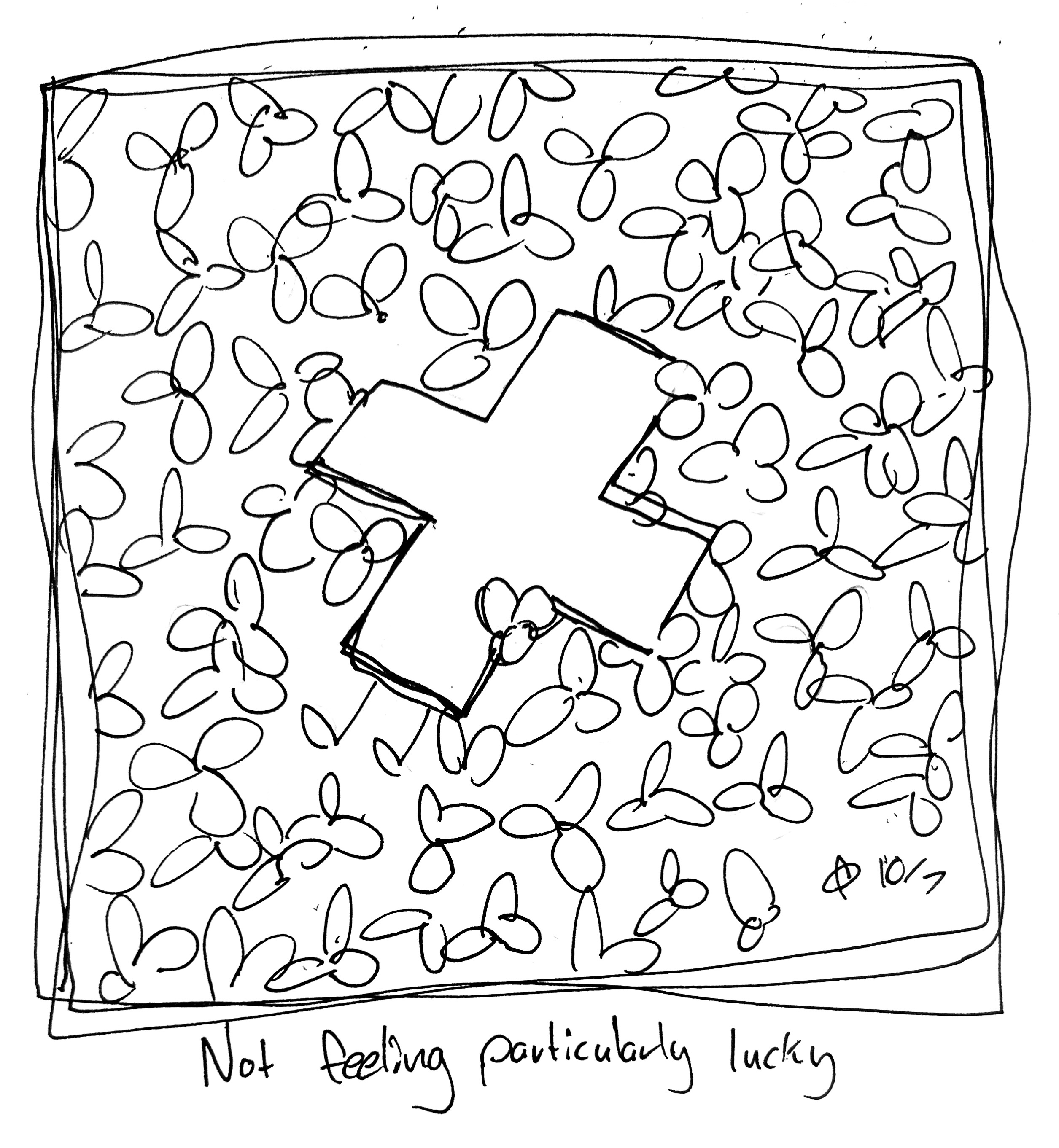 The Plus Guy rests in a field of 3 leaf clovers like they're a 4 leaf clover. The caption reads "Not feeling particularly lucky"