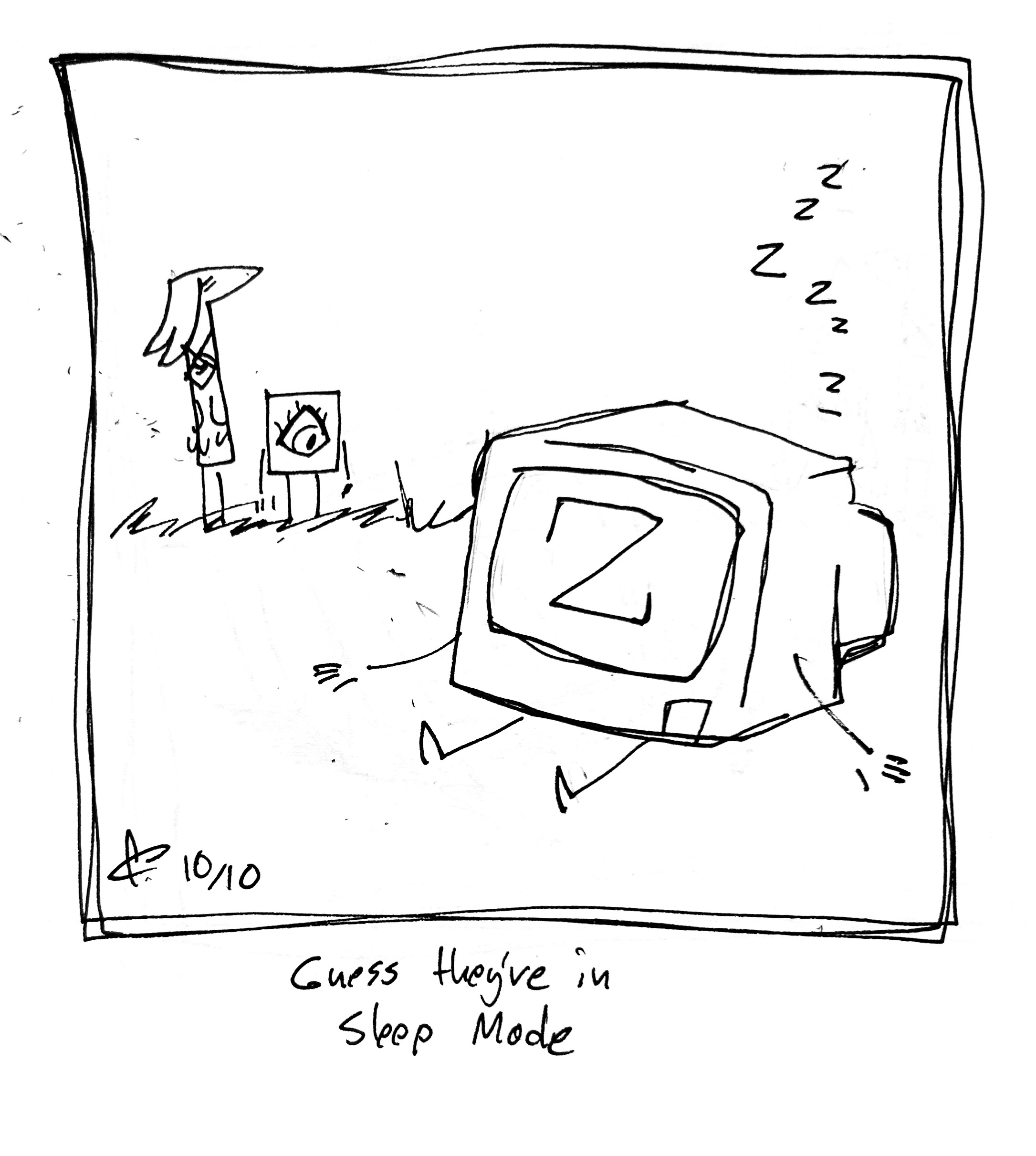 the little guy and the lydia táll one look at a computer, which is taking a nap. The caption reads "guess they're in sleep mode"