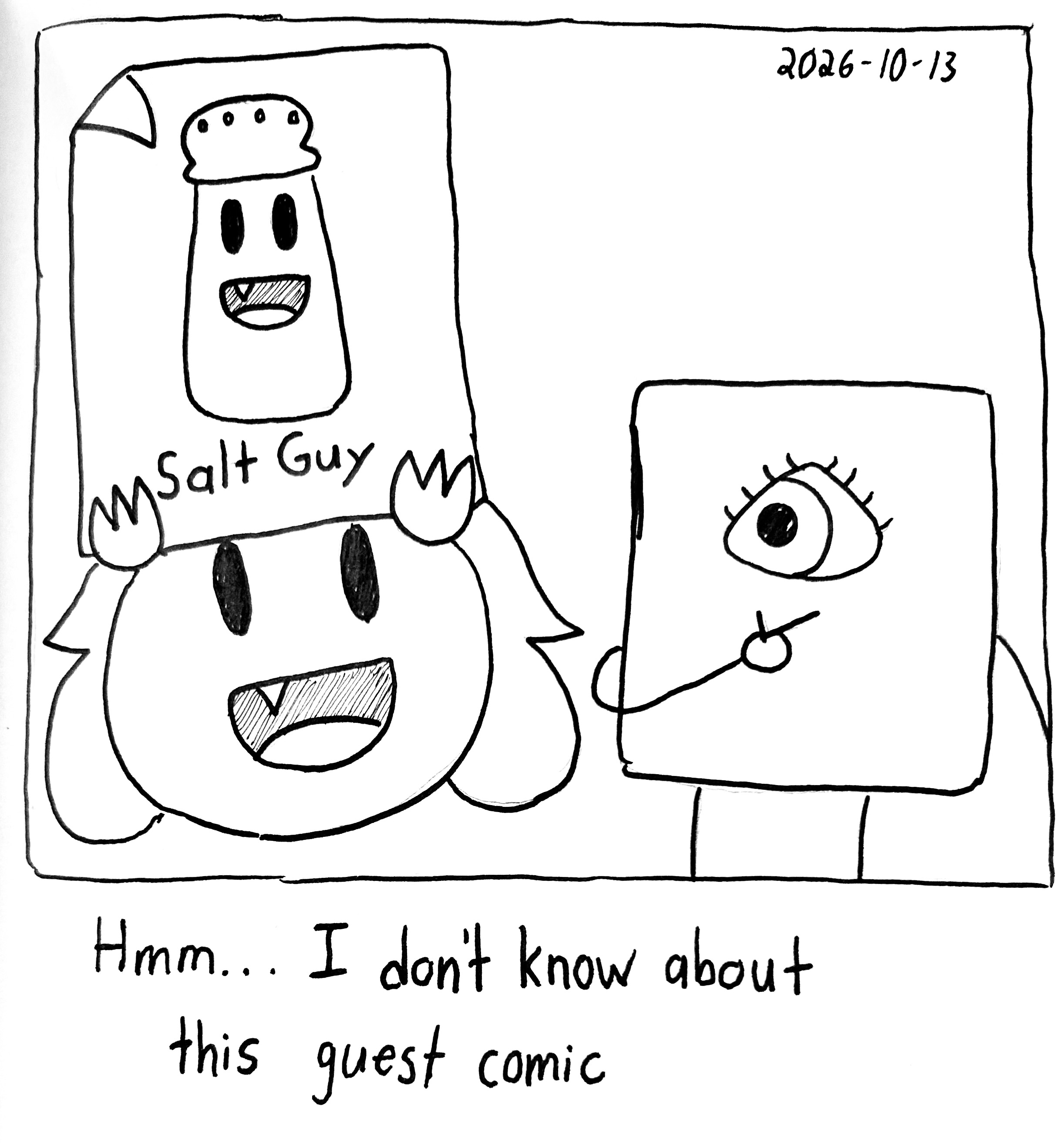 The Gromlin excitedly holds up a comic featuring a Salt Guy, but the Little Guy doesn't look too impressed. The caption reads "hmm...I don't know about this guest comic"