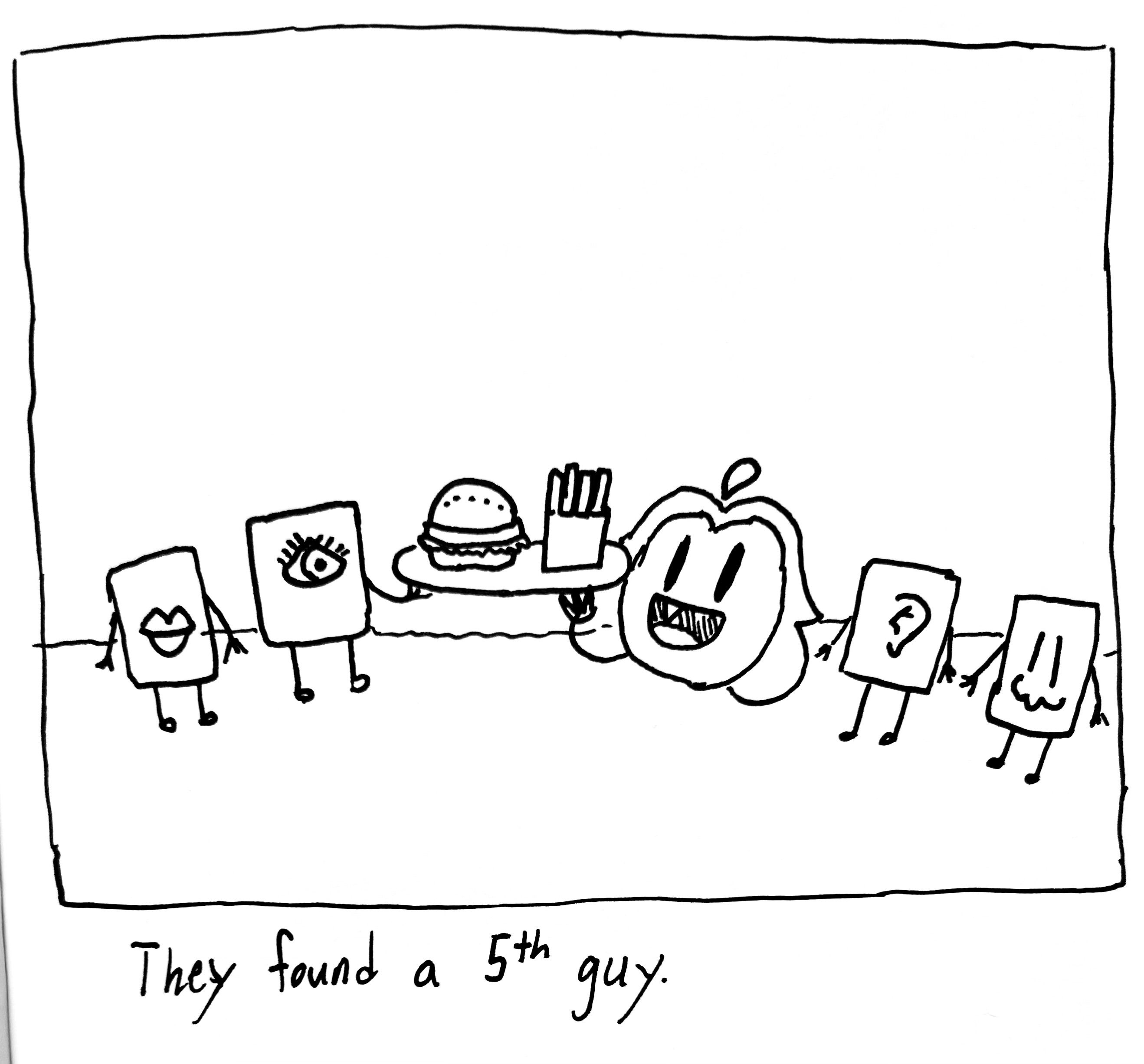 The four little guy cousins are joined by a gromlin with a burger and fries. The caption reads "They found a fifth guy"