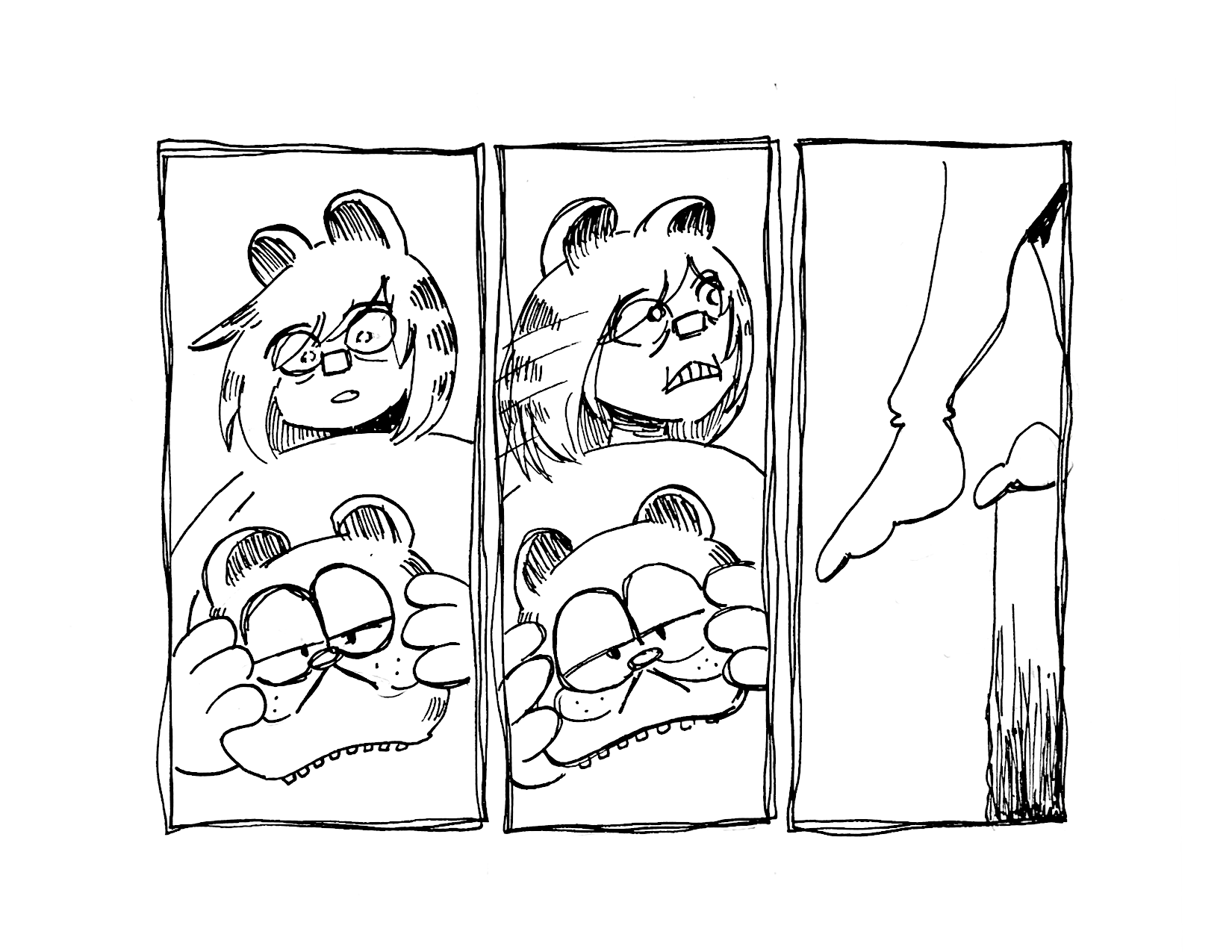 3 Panels:

Panel 1: She looks in terror at the edge of the void

Panel 2: She looks around nervously

Panel 3: carefully, she steps off the table