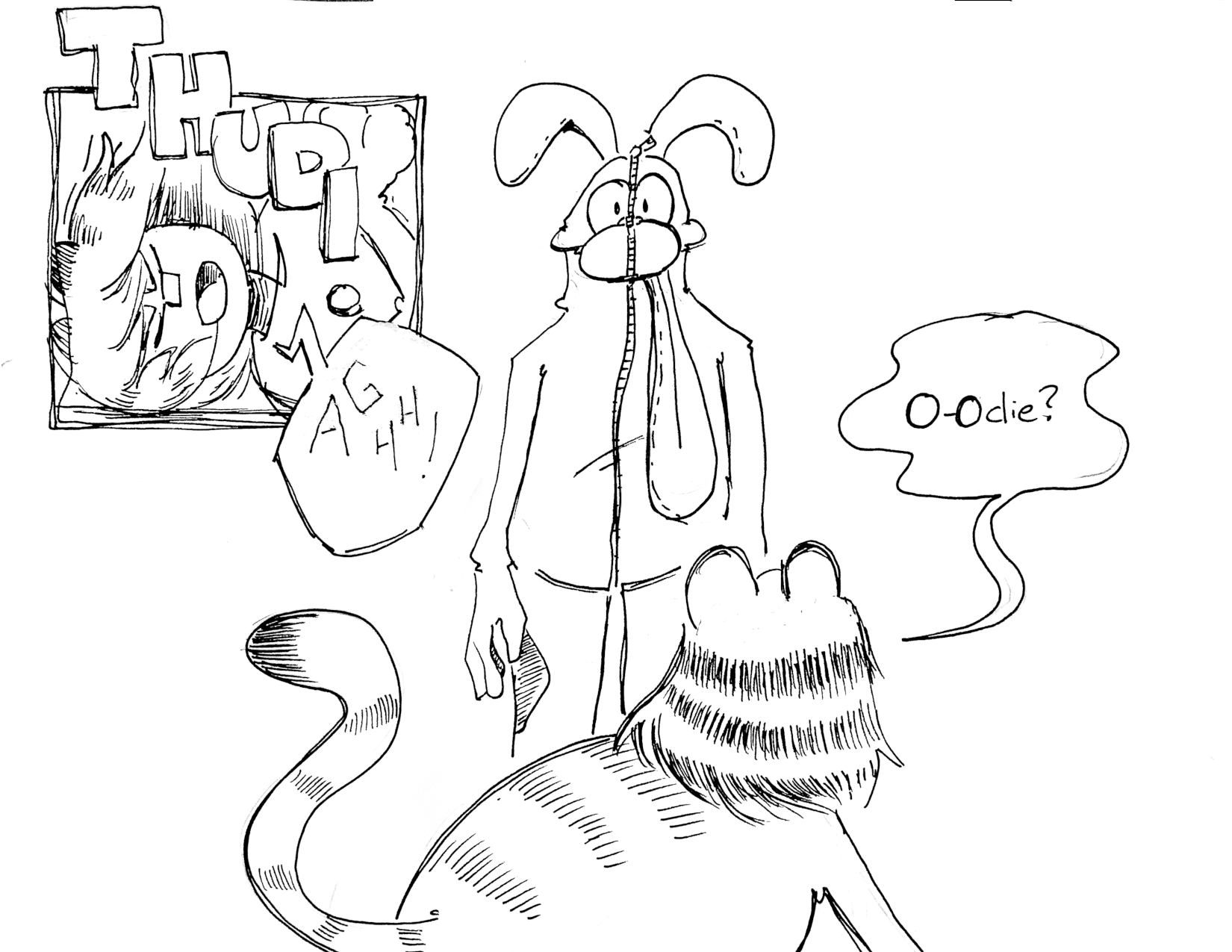 2 Panels

Panel 1: With a thud, she lands on her side and says "AGHH!"

Panel 2: We see someone in an Odie costume standing in front of her. A zipper runs down the front of their costume. "O-Odie?" she says