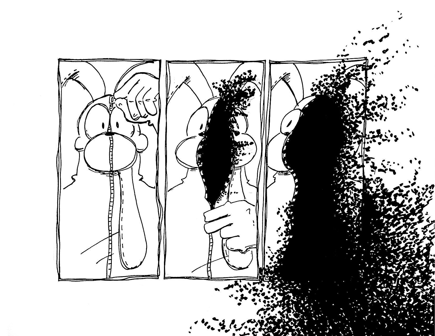3 Panels

Panel 1: The person in the Odie costume reaches for the zipper on top of their suit

Panel 2: They zip it down partially. A black cloud begins to spill out underneath. Nothing can be seen beneath the costume

Panel 3: They zip it down further. The black cloud spills out of the suit and out of the panel